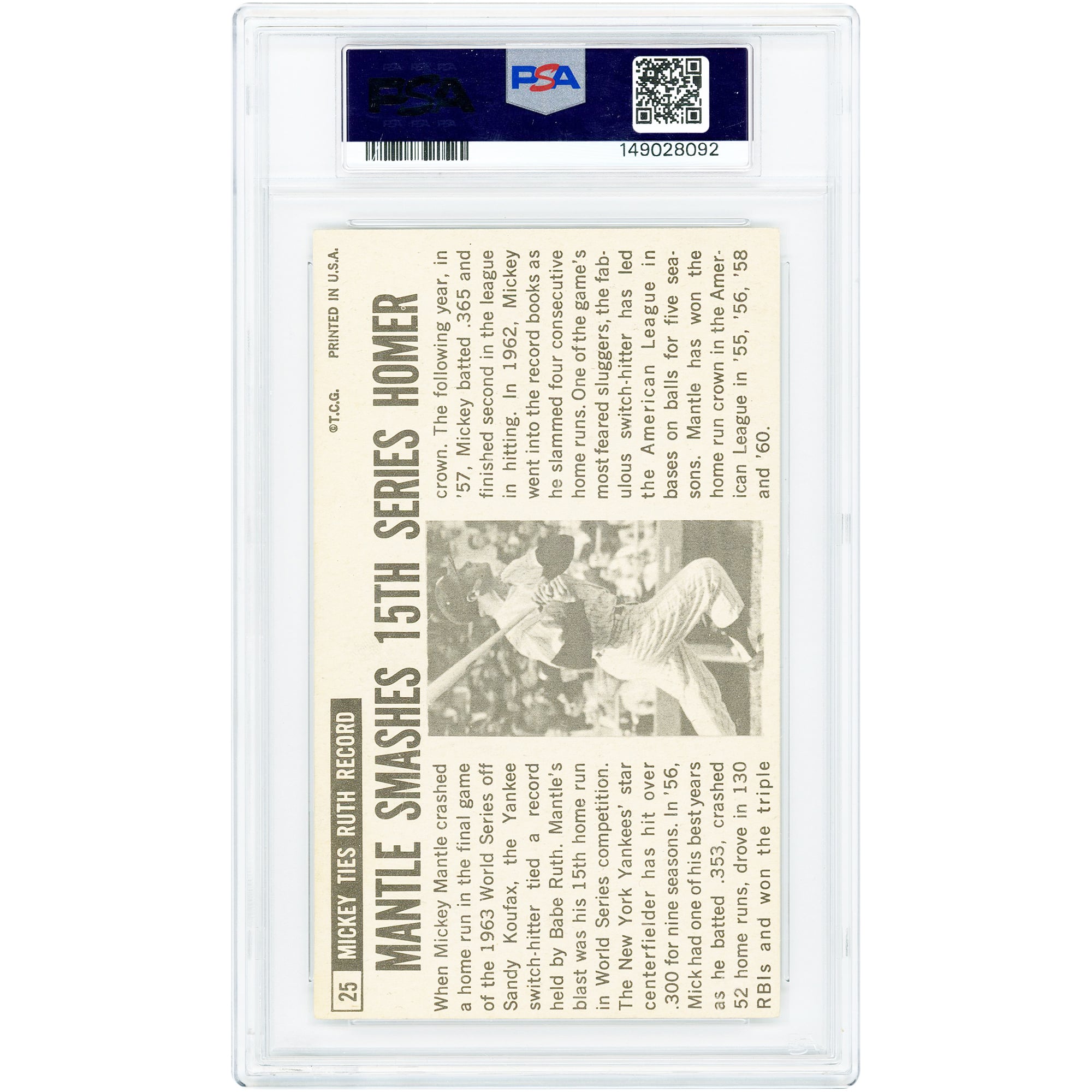 Carte authentifiée PSA 5 de Mickey Mantle, Yankees de New York, 1964 Topps Giants, n° 25