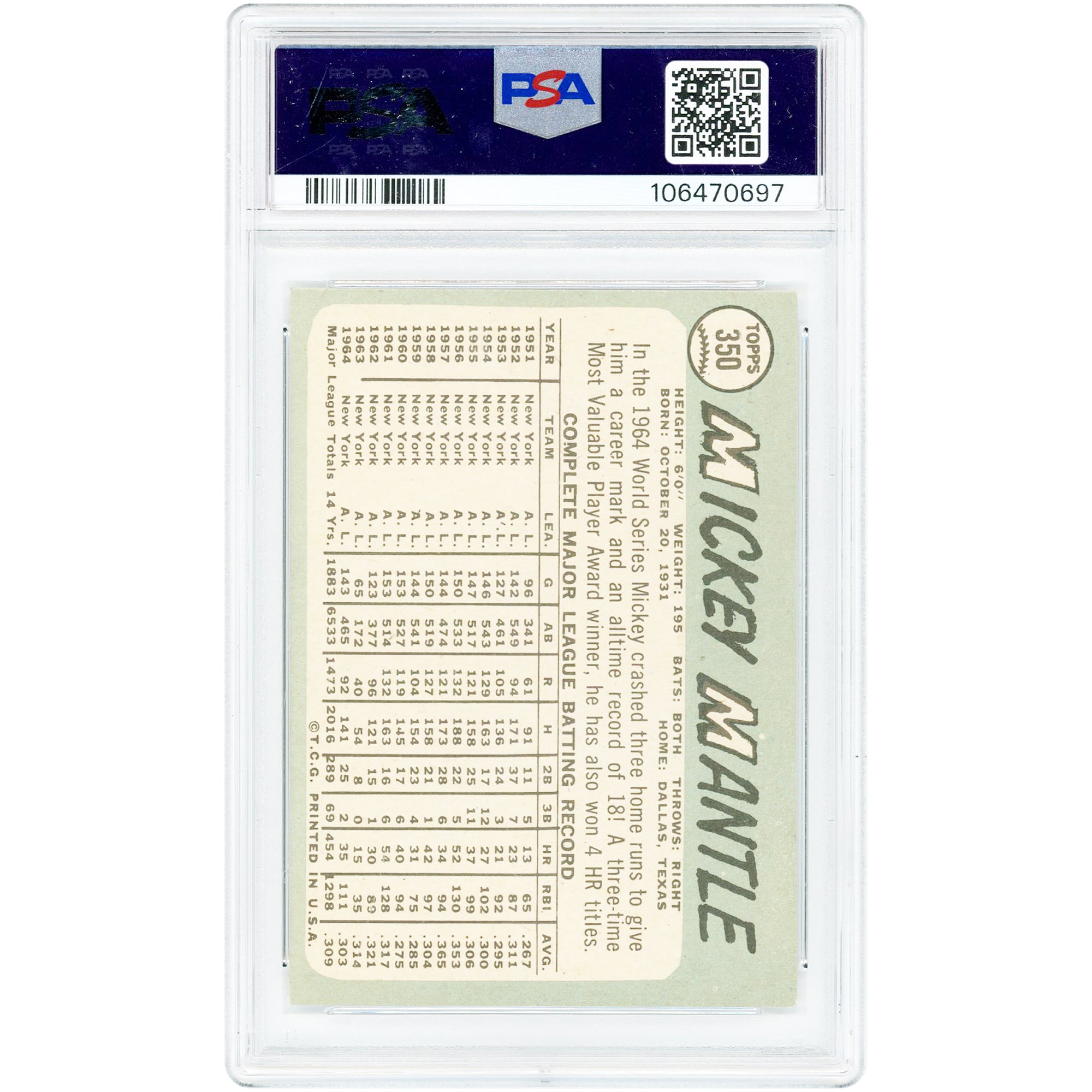 Mickey Mantle New York Yankees 1965 Topps #350 PSA Authenticated 6 Card