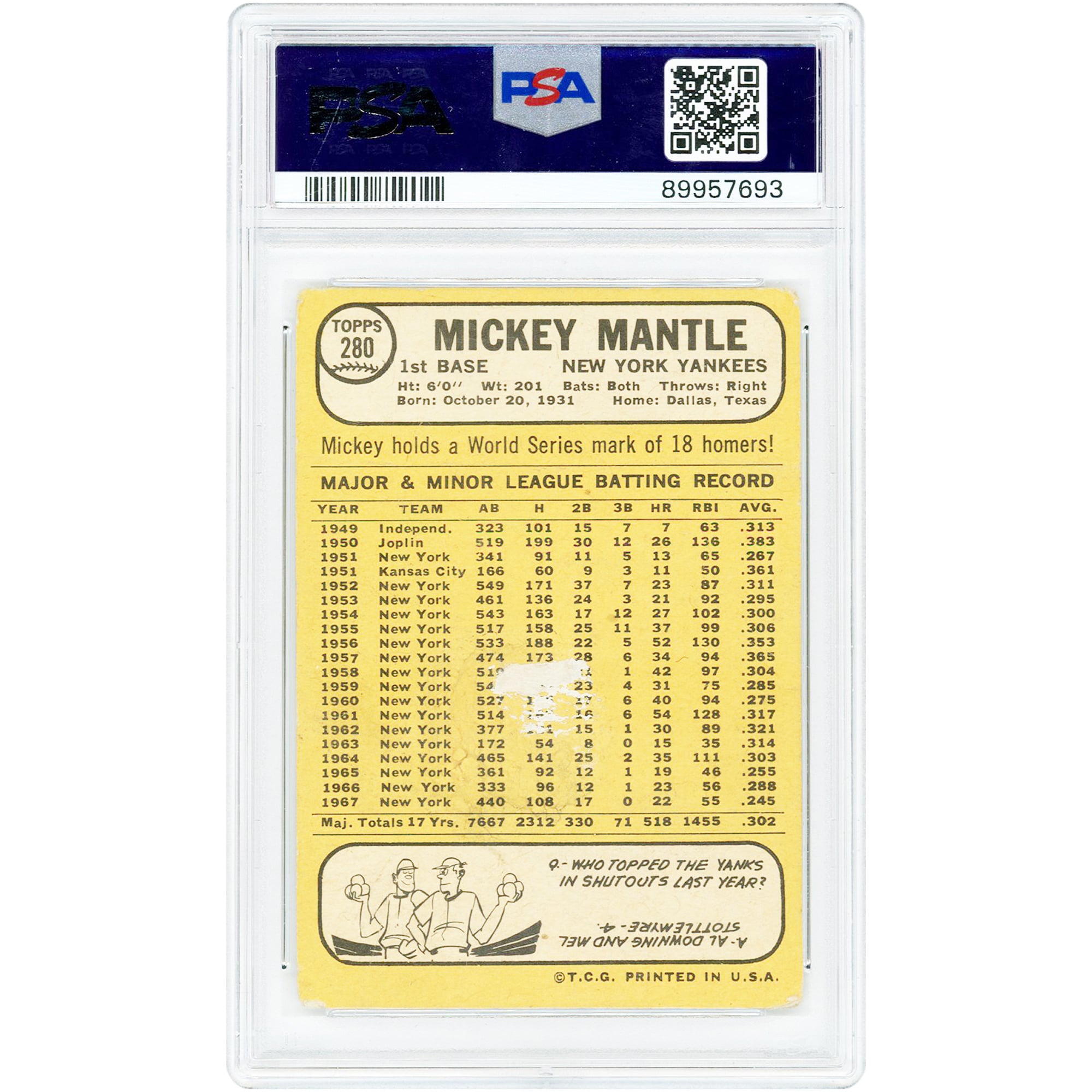 Mickey Mantle New York Yankees 1968 Topps #280 PSA Authenticated 1 Card