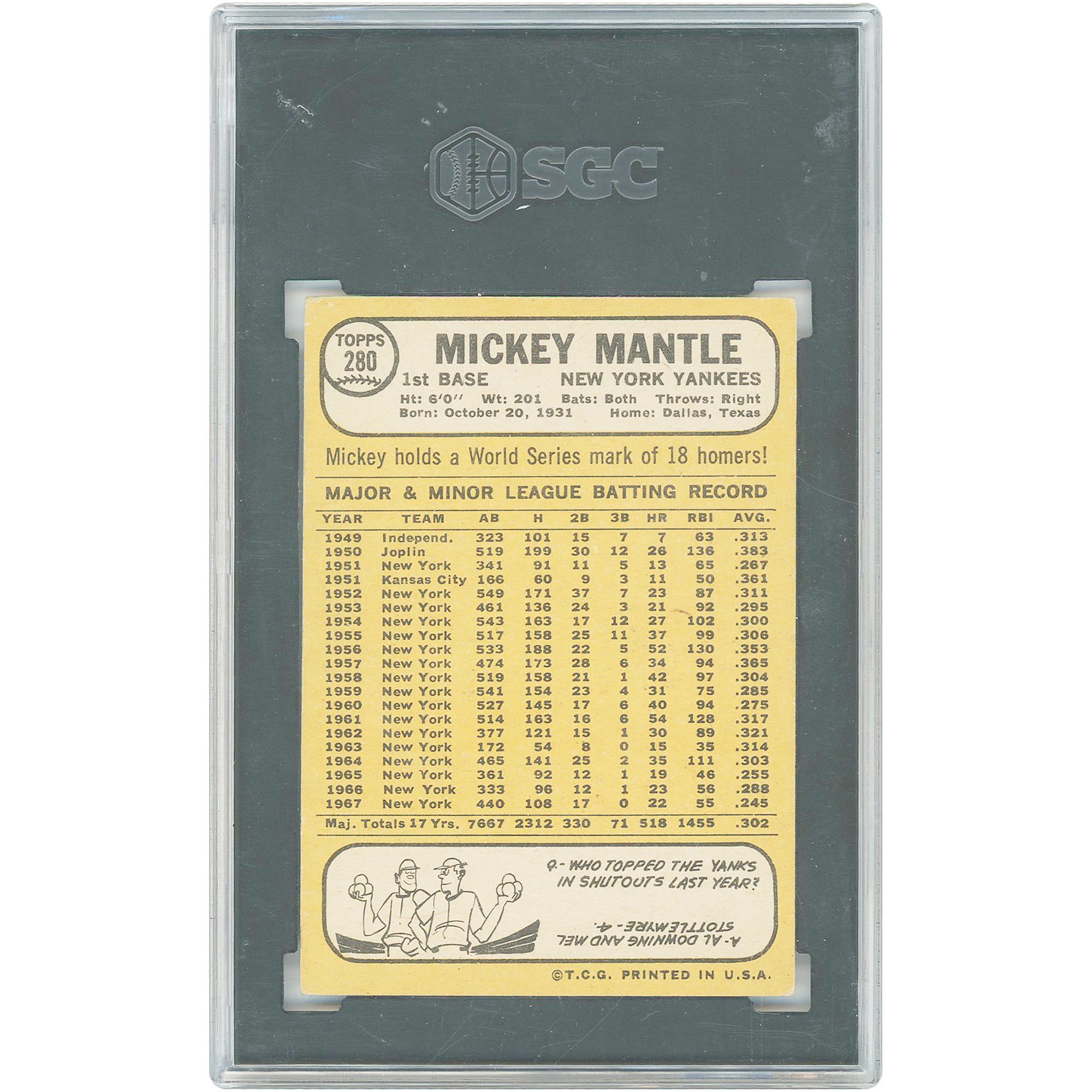 Mickey Mantle New York Yankees 1968 Topps #280 SGC Authenticated 3 Card