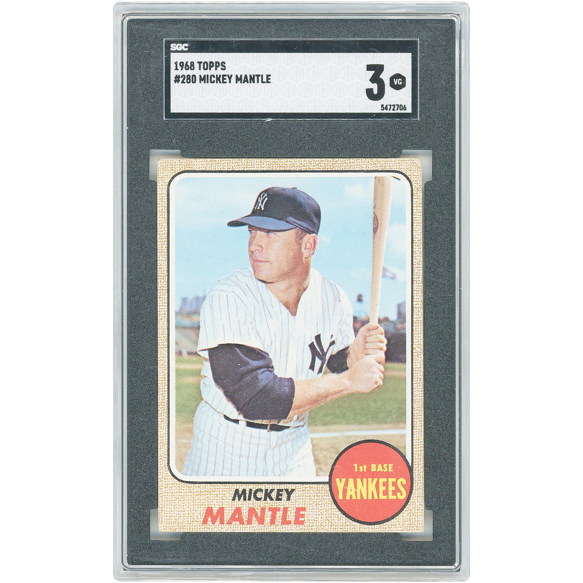 Mickey Mantle New York Yankees 1968 Topps #280 SGC Authenticated 3 Card