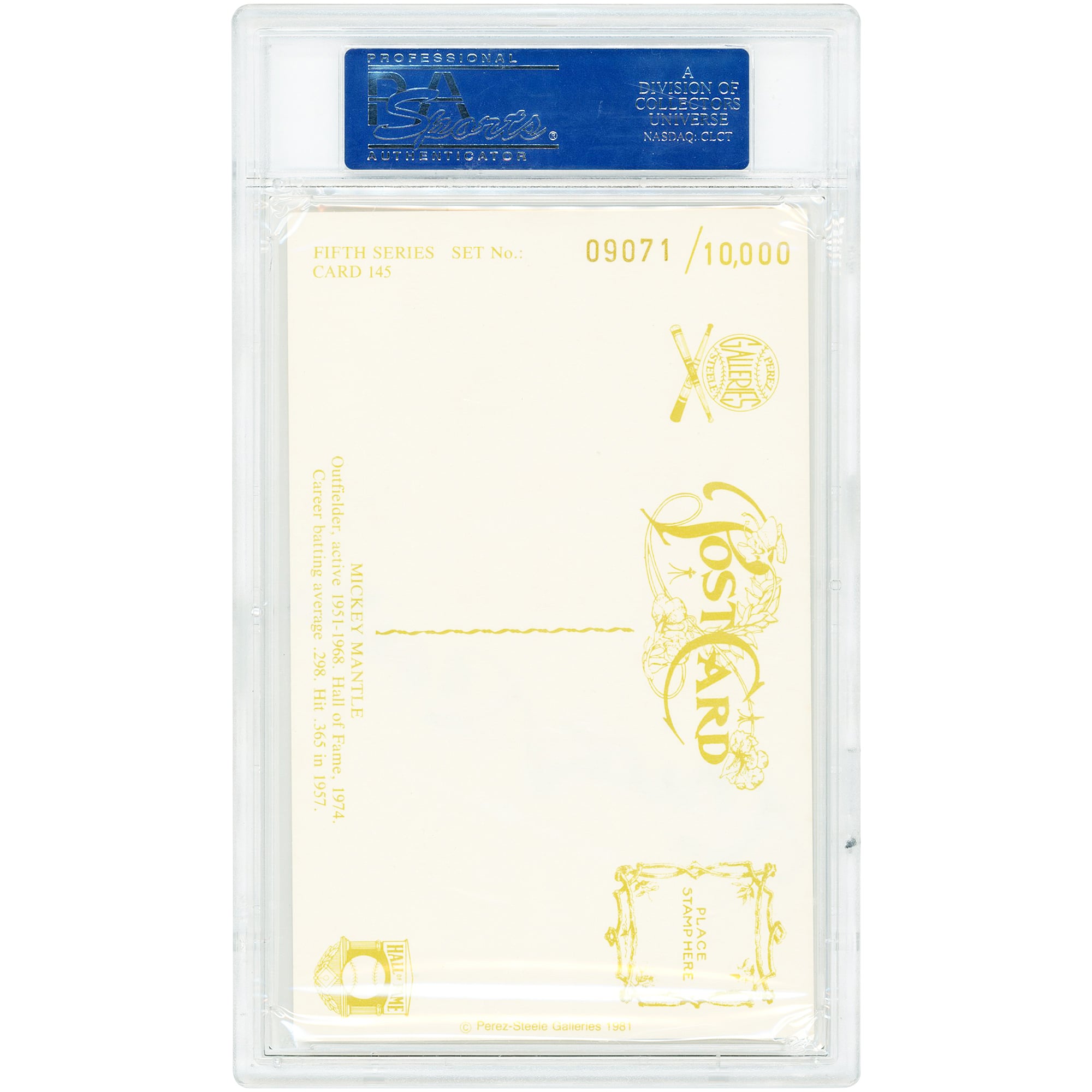 Carte autographiée de Mickey Mantle (New York Yankees), 1981, Perez-Steele, Temple de la renommée, n° 145, n° 09071/10000, authentifiée par PSA (8 cartes).