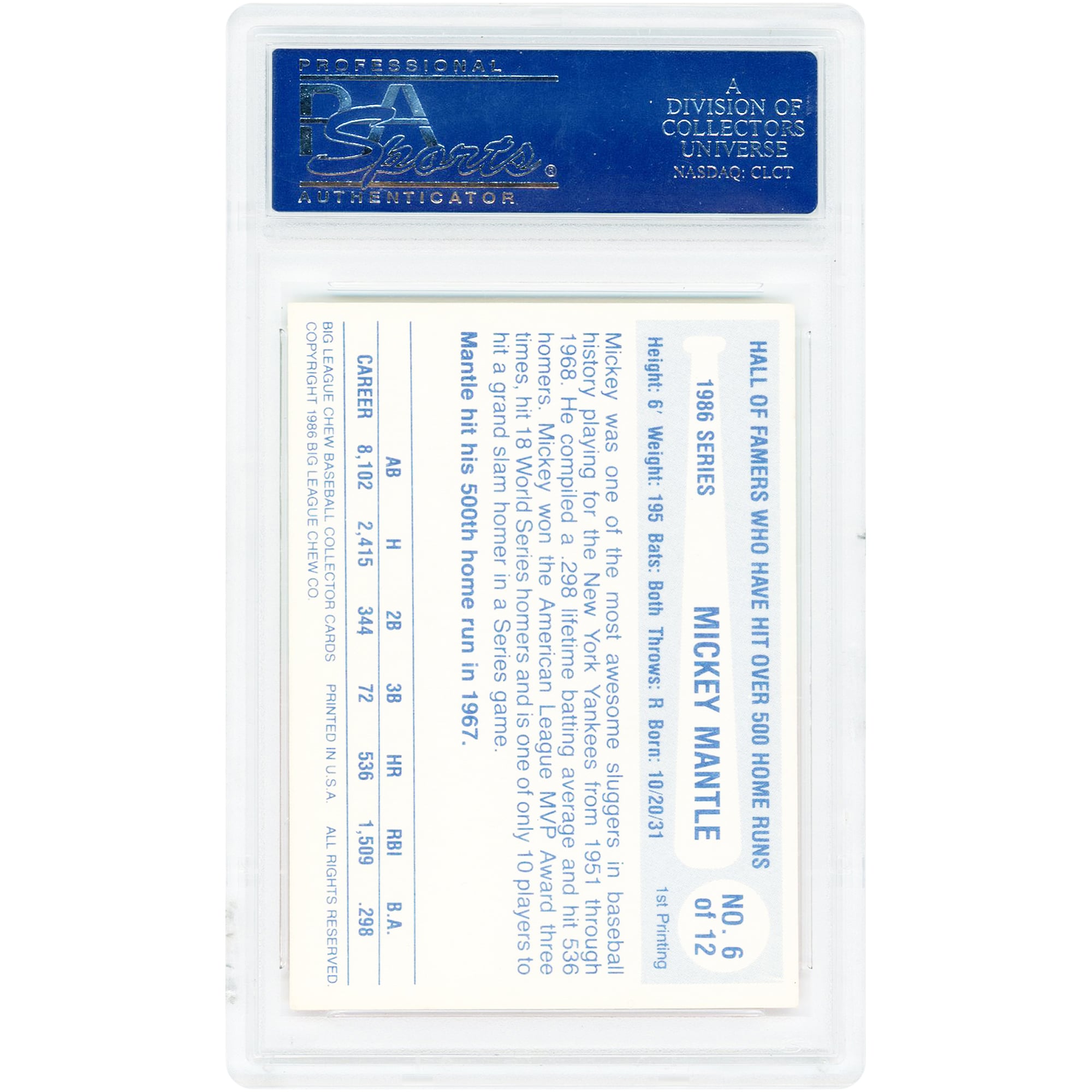 Mickey Mantle New York Yankees Autographed 1986 Big League Chew Home Run Legends #6 PSA Authenticated Card