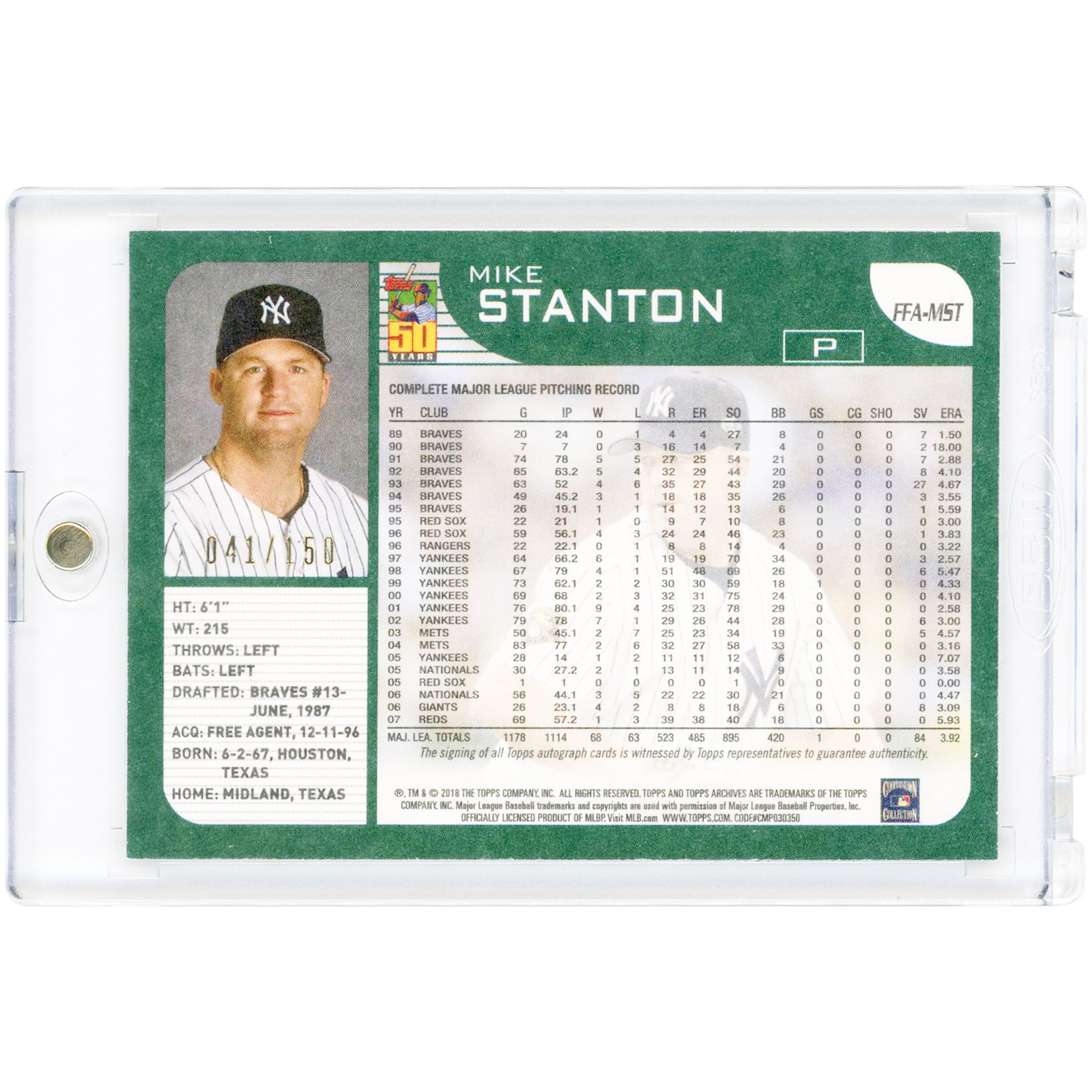 Carte autographiée de Mike Stanton, joueur des Yankees de New York, collection Topps Archives 2018, violette, préférée des fans #FFA-MST #41/150