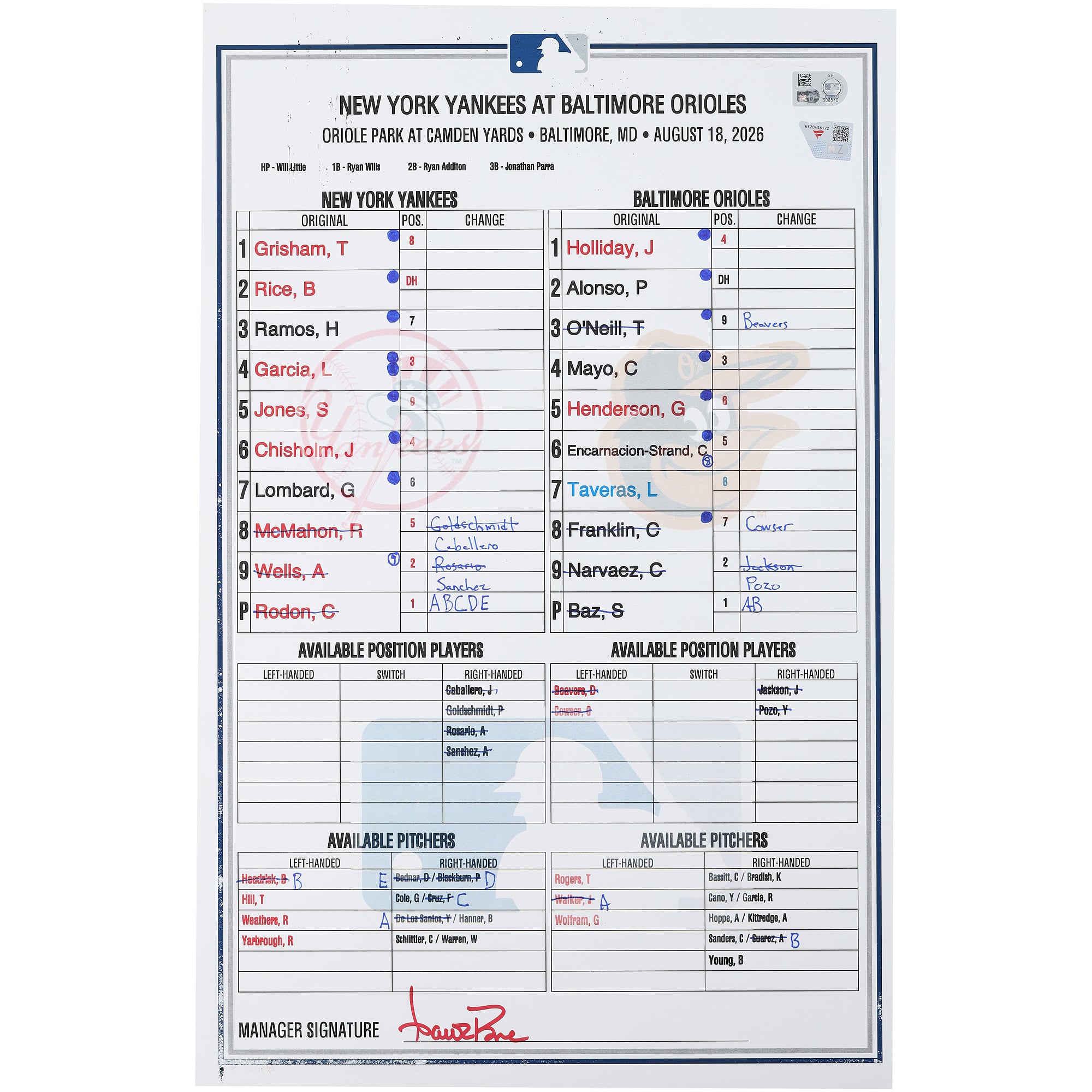 Feuille de composition utilisée par les Yankees de New York lors du match contre les Orioles de Baltimore le août 2026