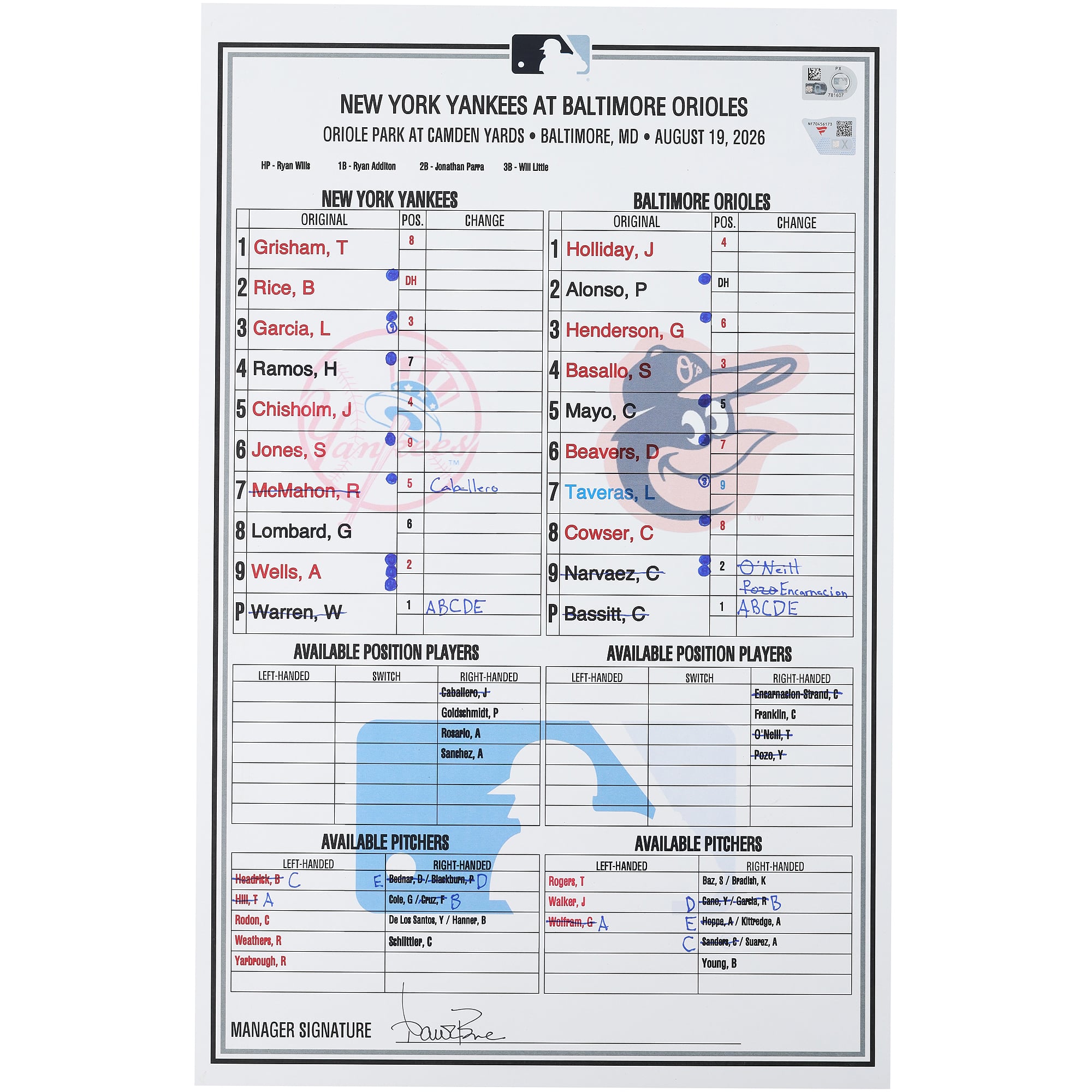 Feuille de match des Yankees de New York contre les Orioles de Baltimore le 19 août 2026
