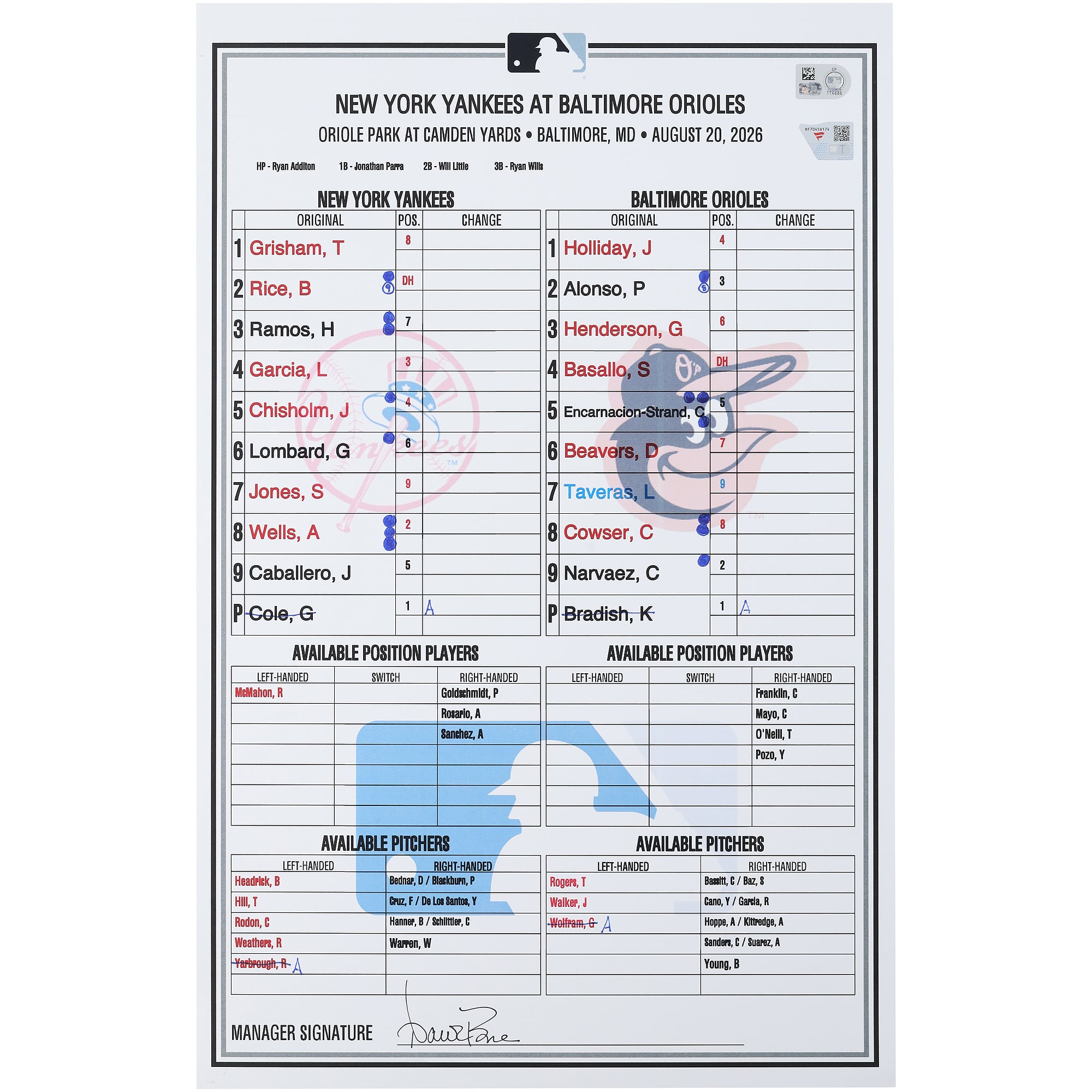 New York Yankees Game-Used Lineup Card vs. Baltimore Orioles on August 20, 2026