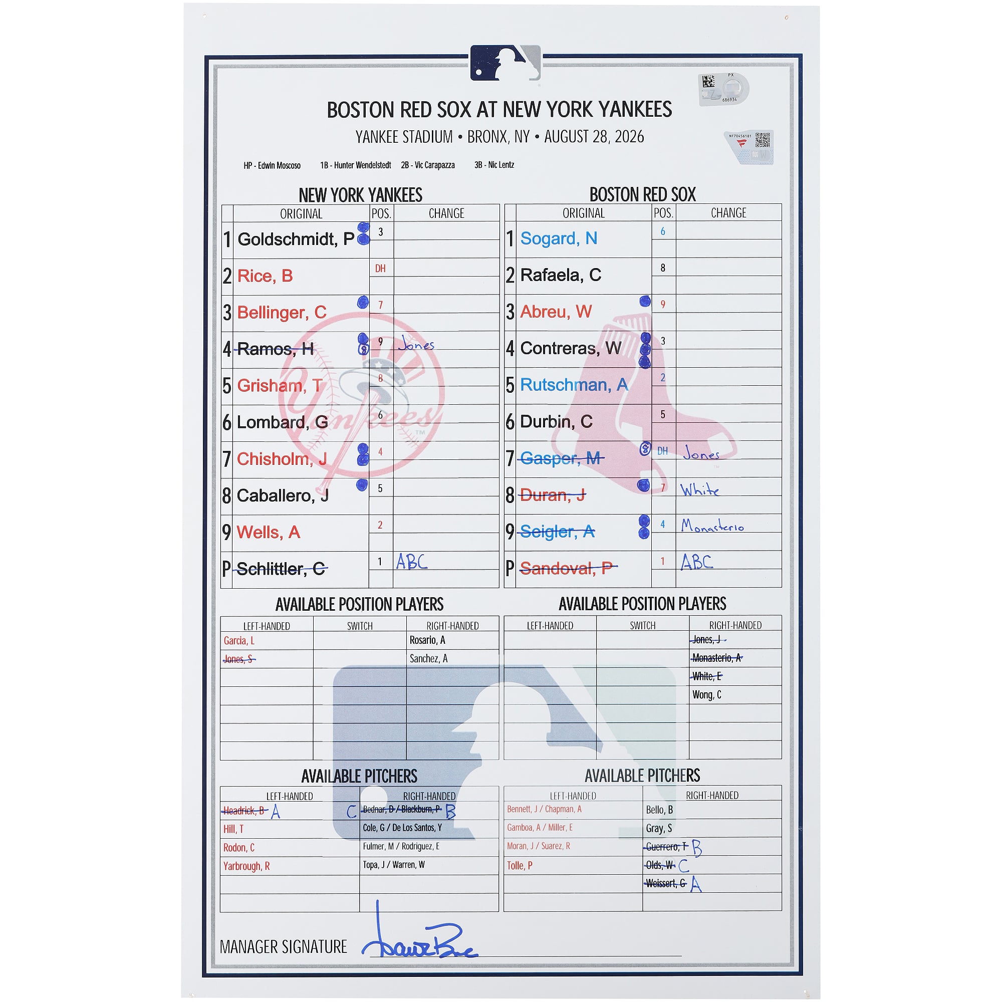Feuille de composition utilisée par les Yankees de New York lors du match contre les Red Sox de Boston le 28 août 2026