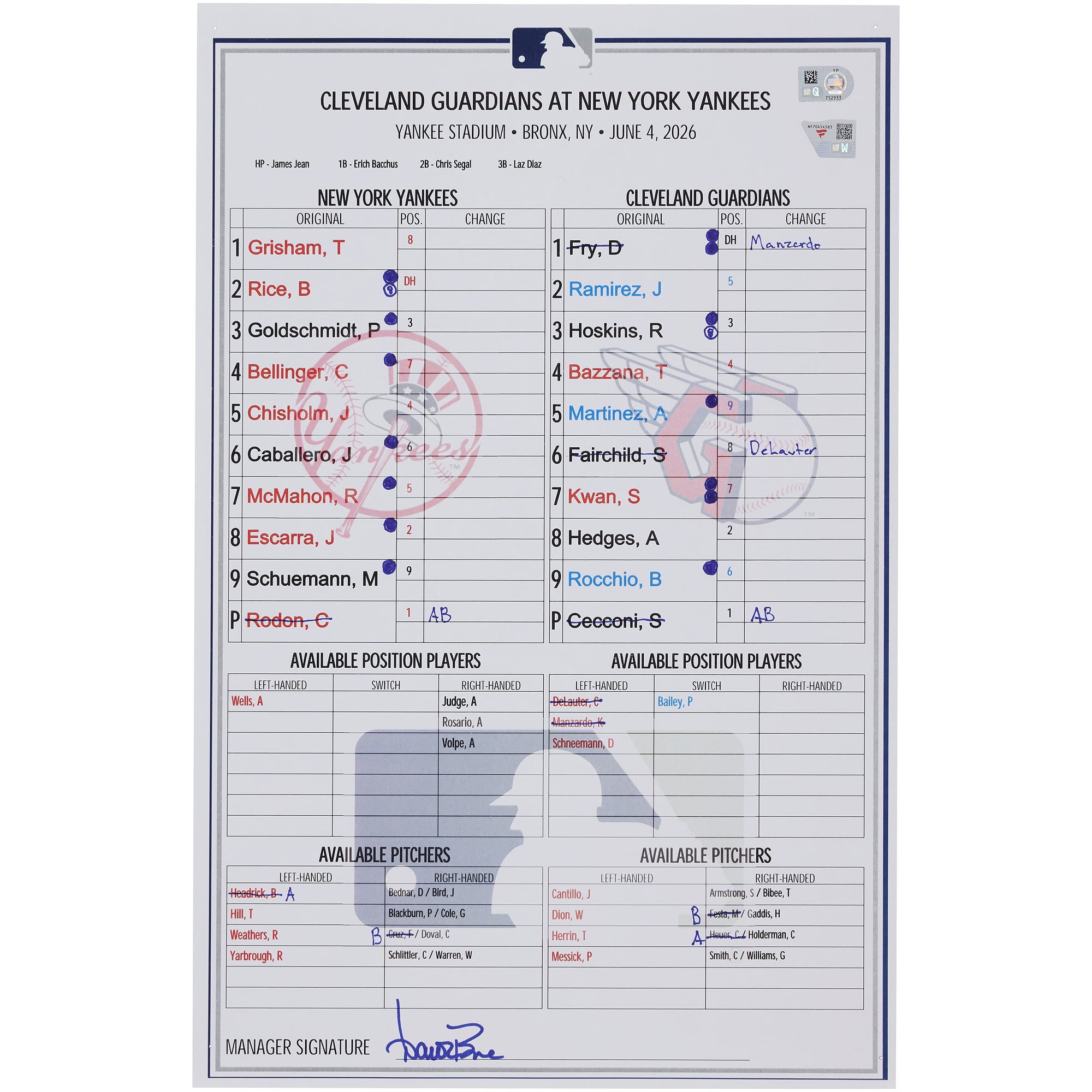 New York Yankees Game-Used Lineup Card vs. Cleveland Guardians on June 4, 2026
