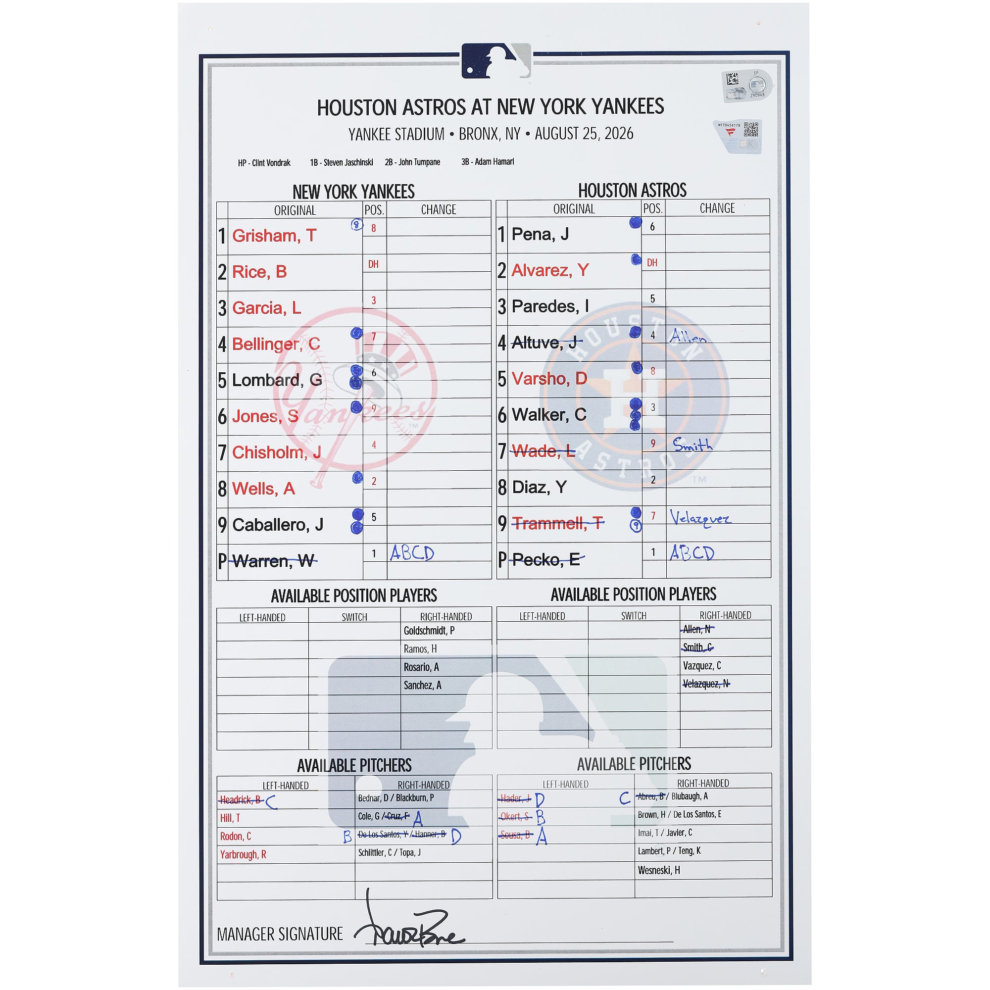 Feuille de composition utilisée par les Yankees de New York lors du match contre les Astros de Houston le 25 août 2026