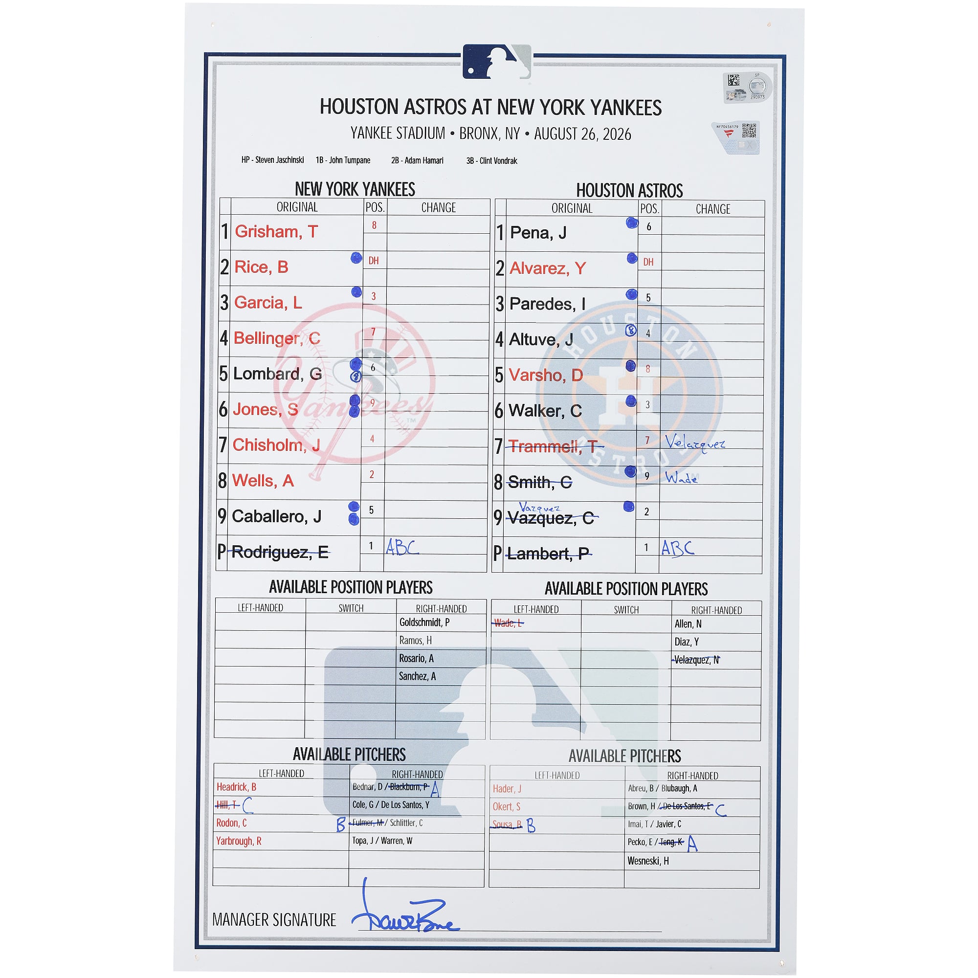 Feuille de composition des joueurs des Yankees de New York lors du match contre les Astros de Houston le 26 août 2026
