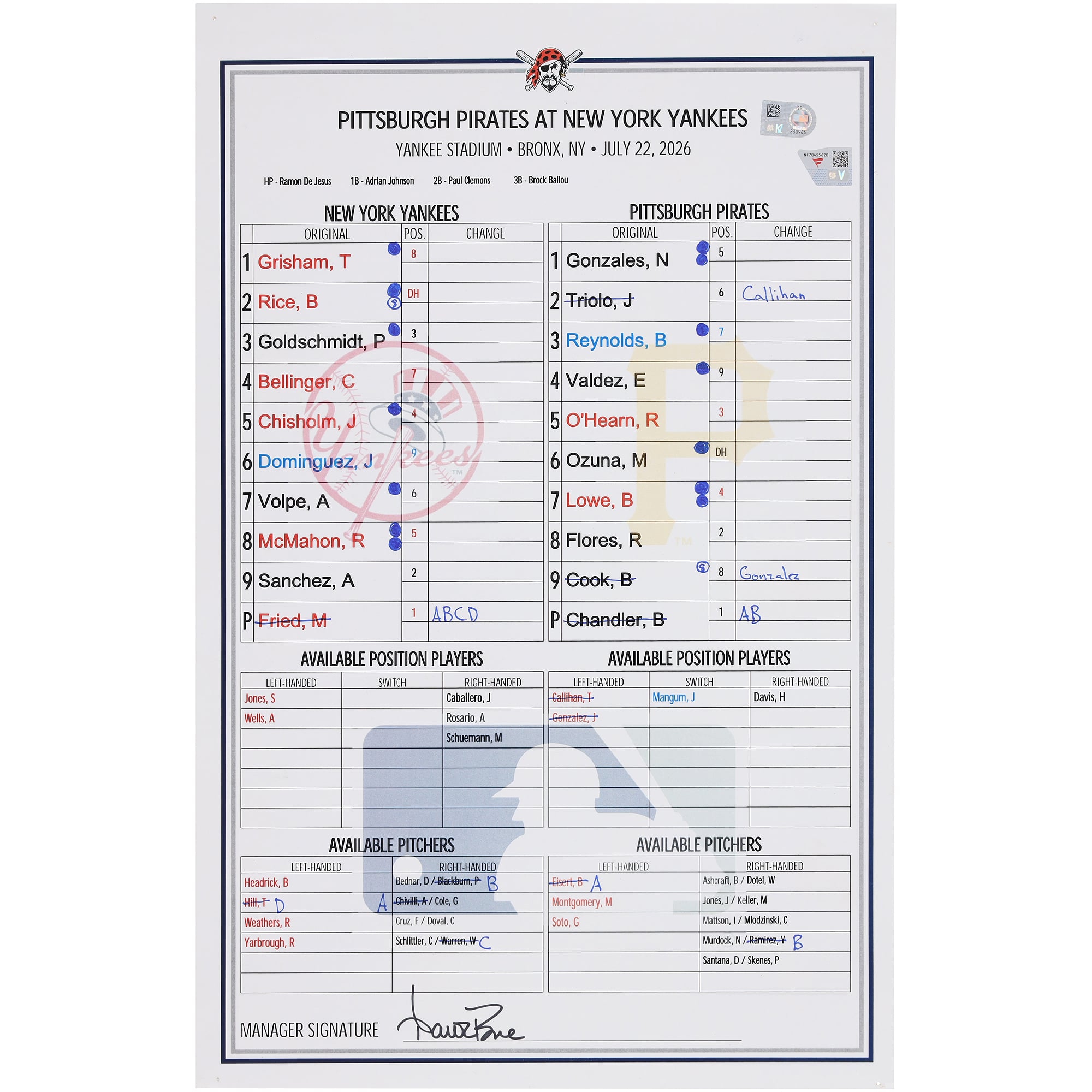 Feuille de match utilisée par les Yankees de New York contre les Pirates de Pittsburgh le 22 juillet 2026 - Premier match d'un programme double