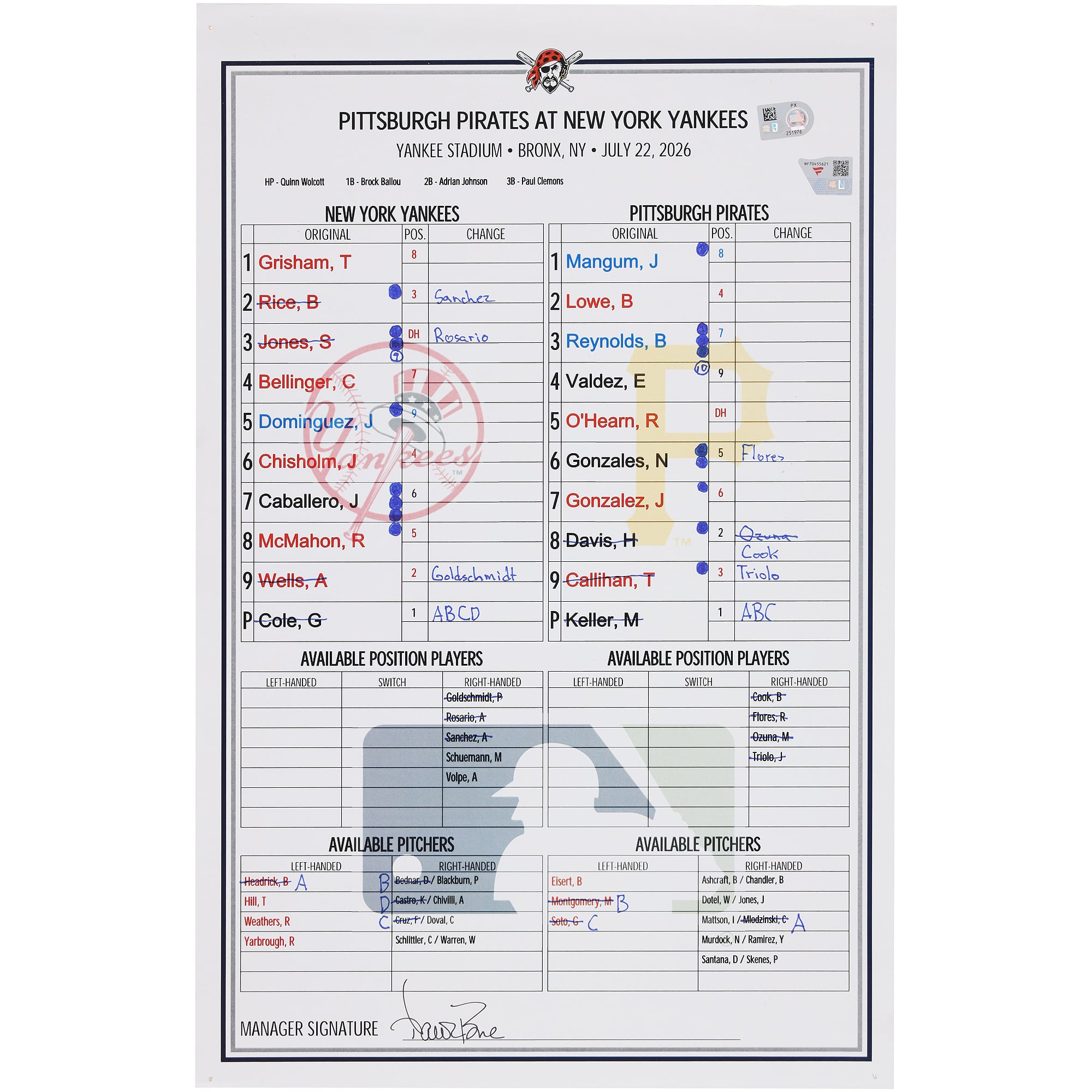 Feuille de match utilisée par les Yankees de New York contre les Pirates de Pittsburgh le 22 juillet 2026 - Deuxième match du programme double