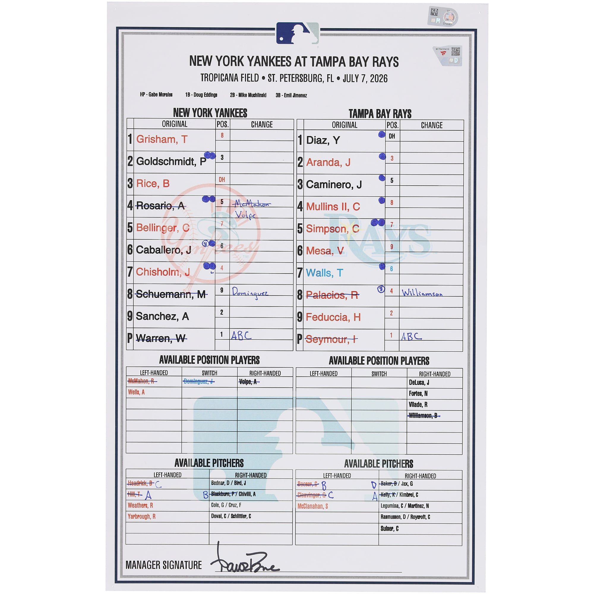 Feuille de composition des joueurs des Yankees de New York lors du match contre les Rays de Tampa Bay le 7 juillet 2026