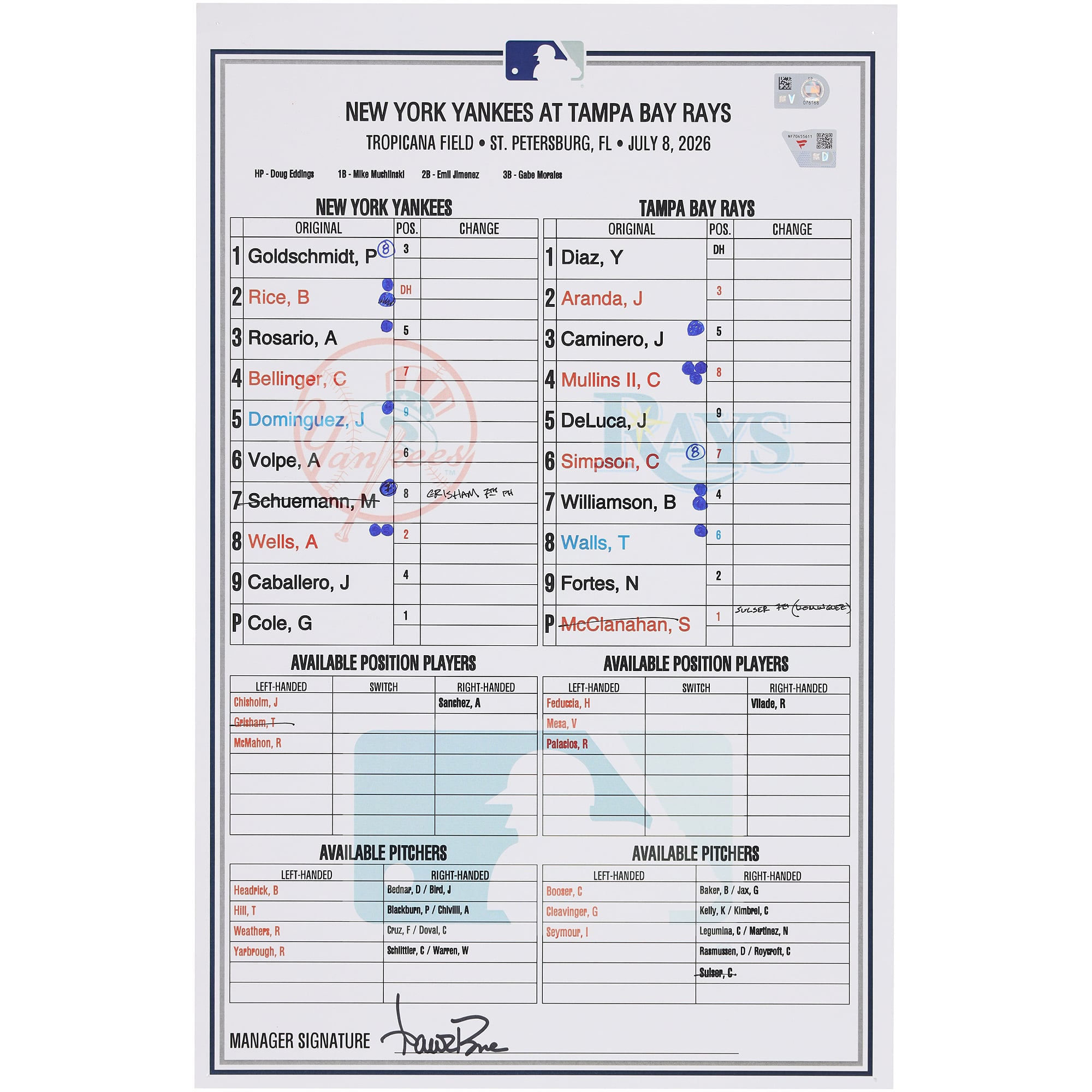 Feuille de match des Yankees de New York contre les Rays de Tampa Bay le 8 juillet 2026