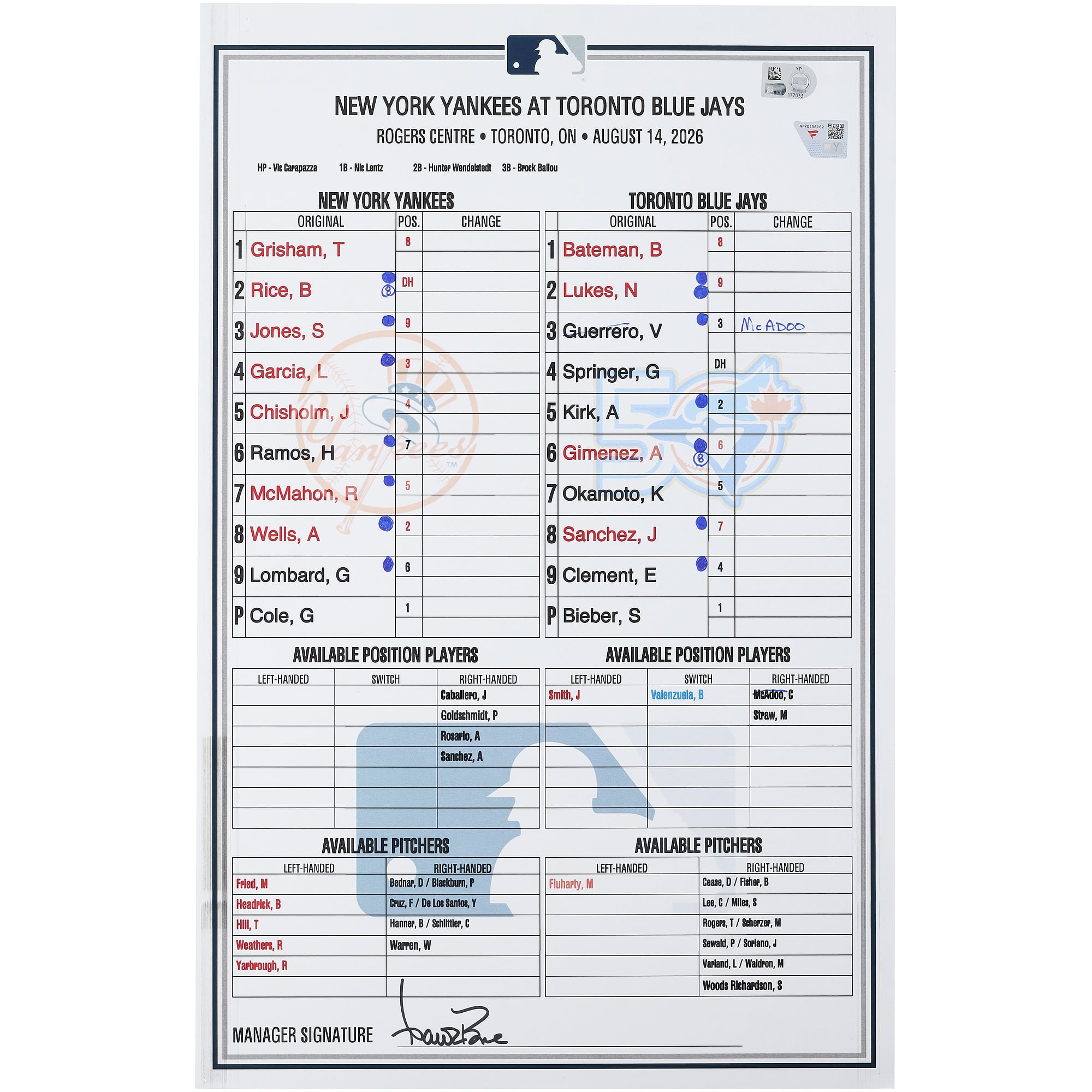 New York Yankees Game-Used Lineup Card vs. Toronto Blue Jays on August 14, 2026
