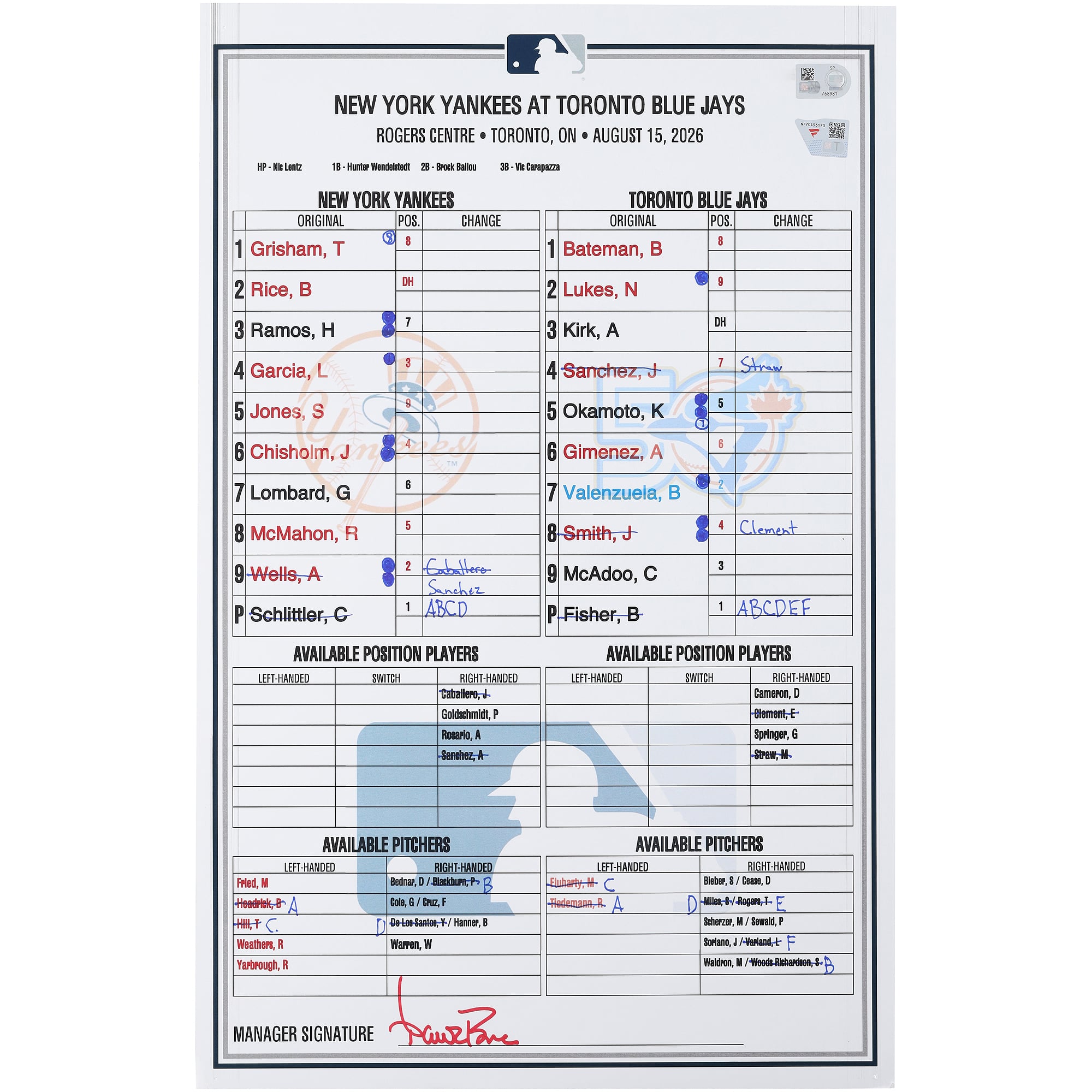 New York Yankees Game-Used Lineup Card vs. Toronto Blue Jays on August 15, 2026