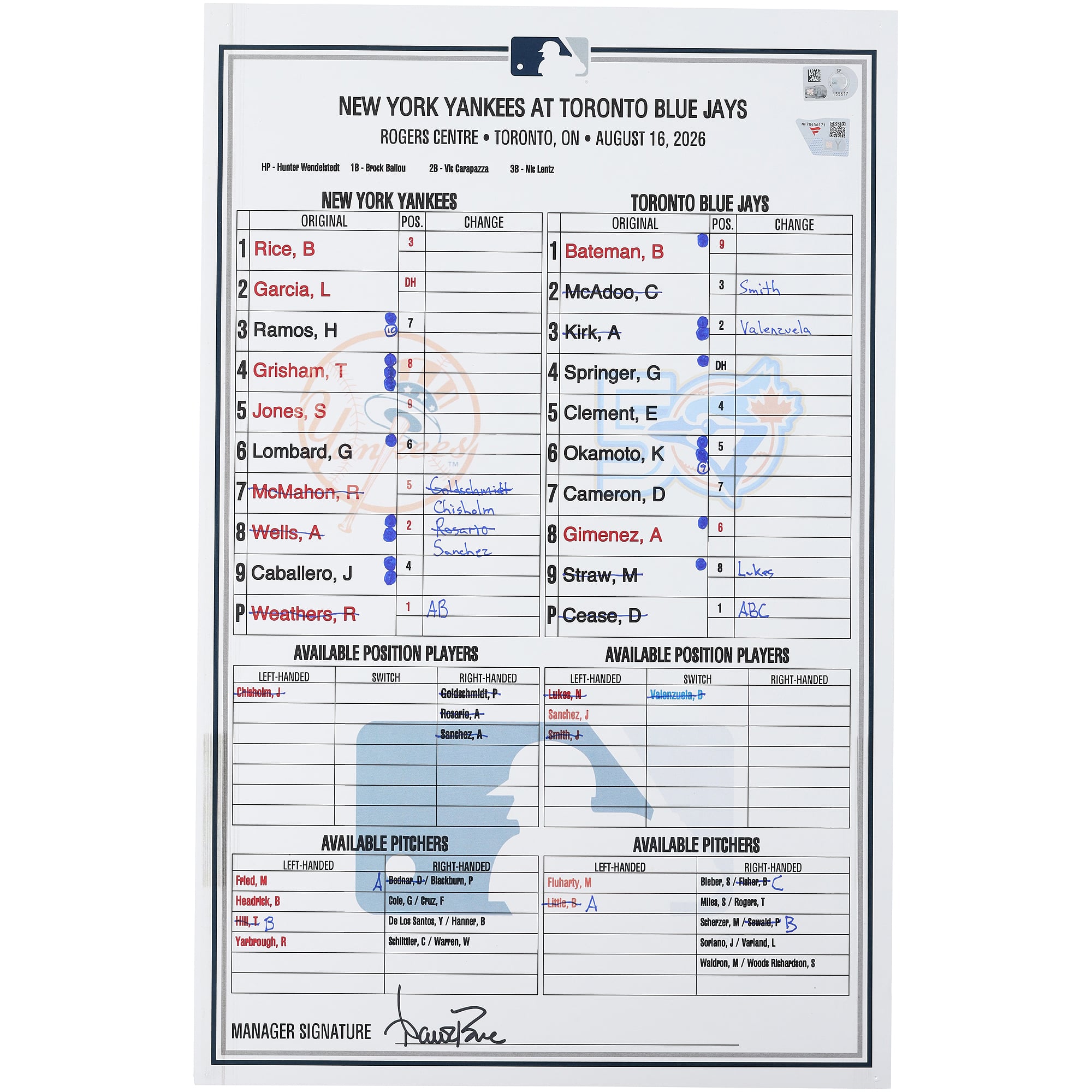 New York Yankees Game-Used Lineup Card vs. Toronto Blue Jays on August 16, 2026