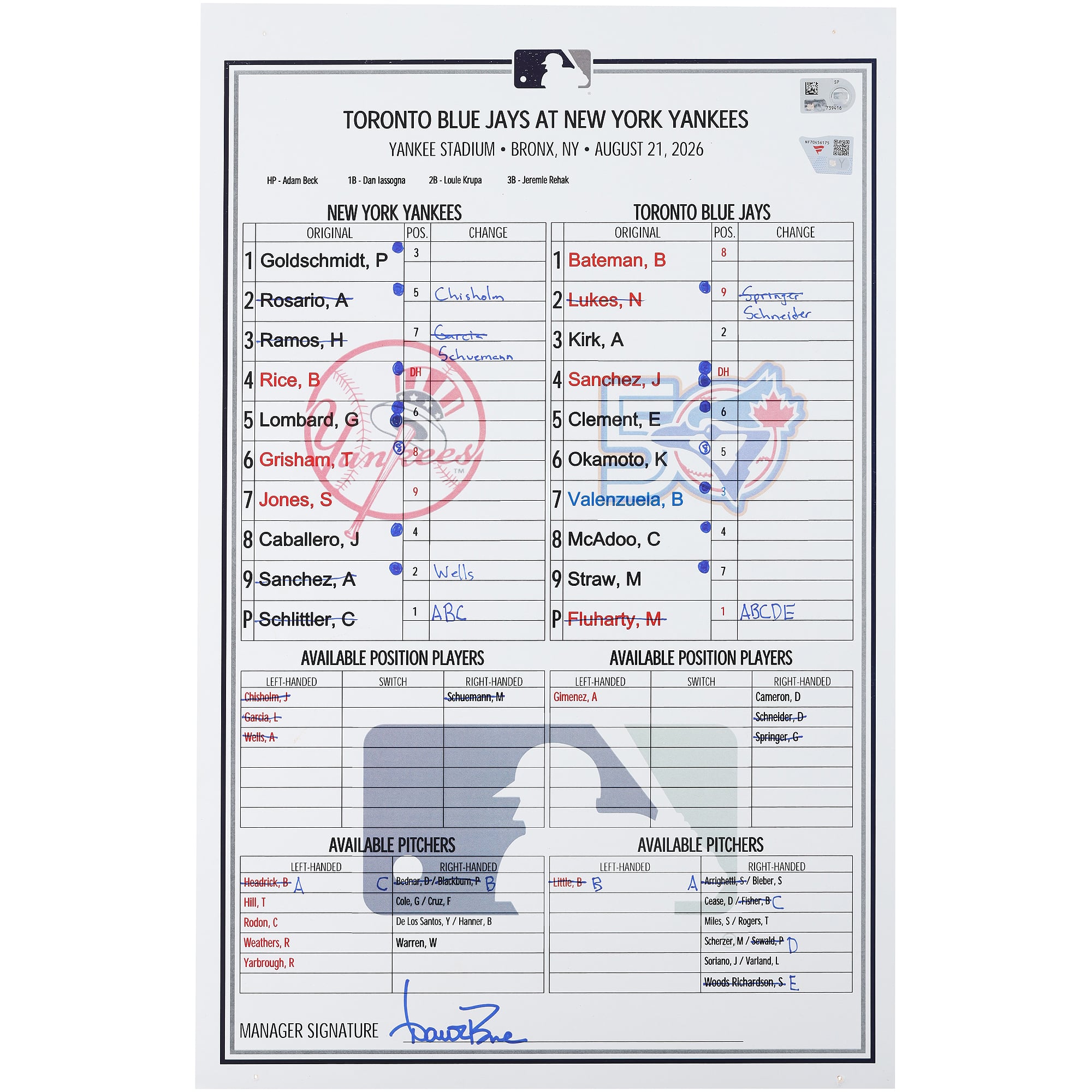 Feuille de match des Yankees de New York contre les Blue Jays de Toronto le août 2026