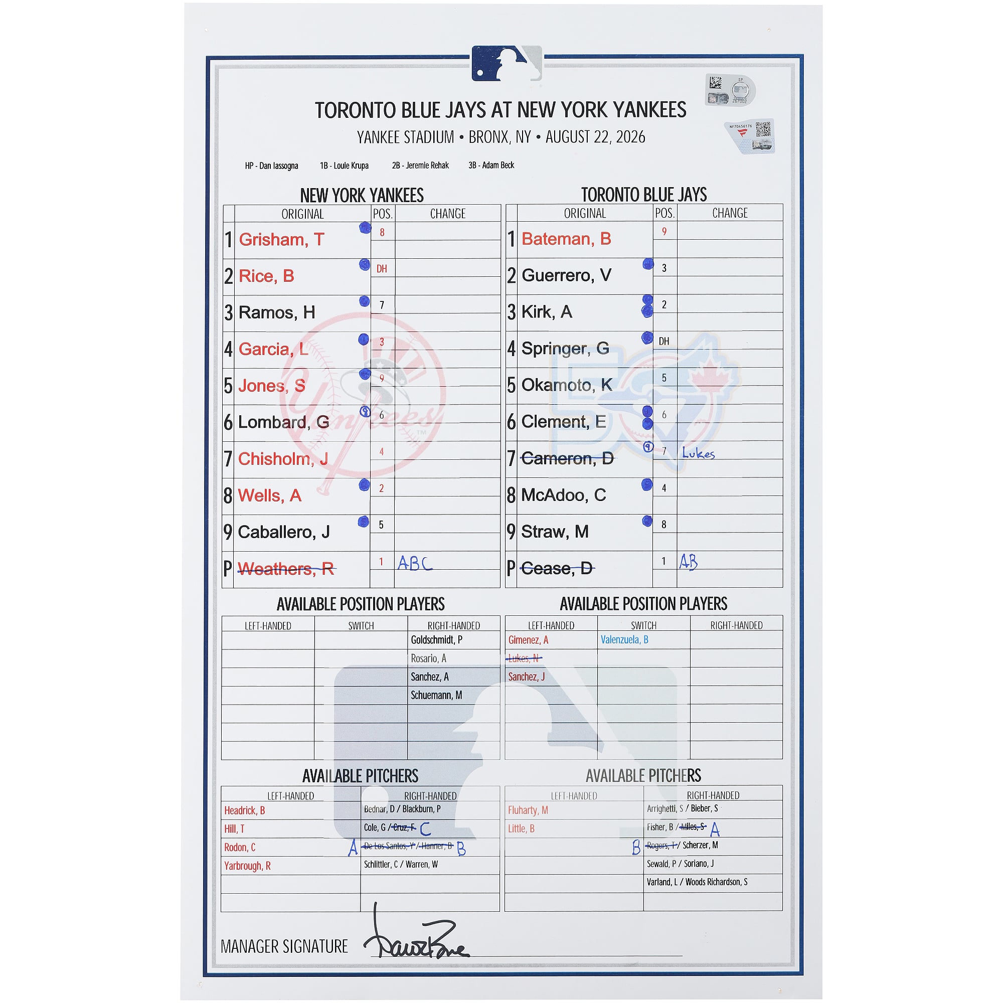 New York Yankees Game-Used Lineup Card vs. Toronto Blue Jays on August 22, 2026