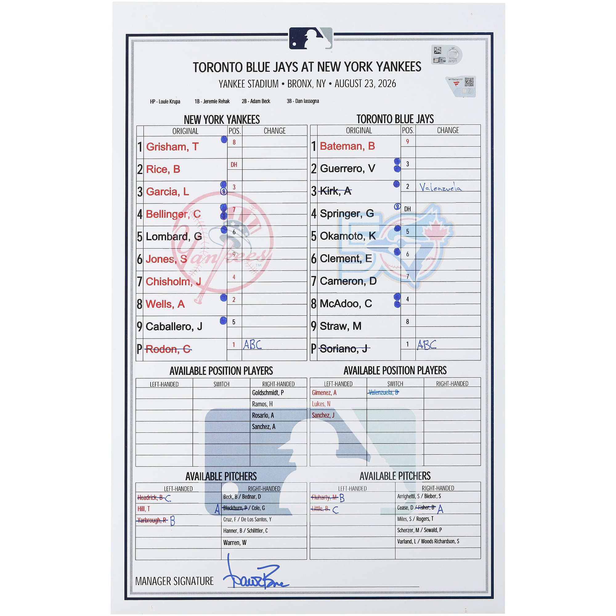 New York Yankees Game-Used Lineup Card vs. Toronto Blue Jays on August 23, 2026