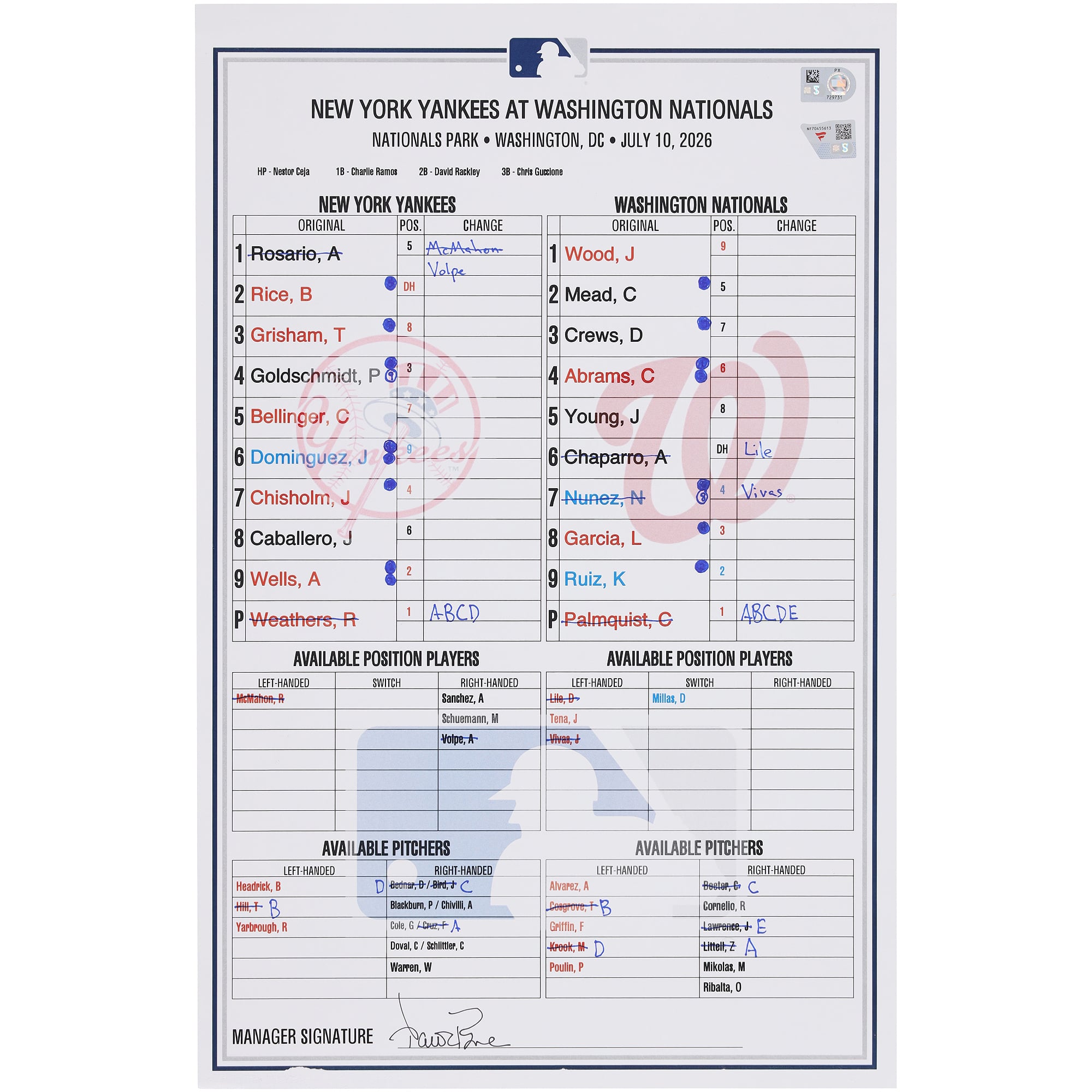 Feuille de composition d'équipe utilisée par les Yankees de New York lors du match contre les Nationals de Washington le 10 juillet 2026