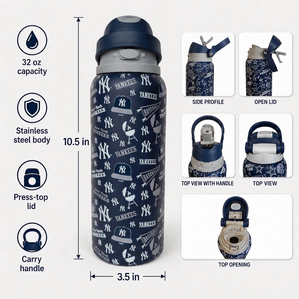 Gourde Pegasus New York Yankees 32 oz en acier inoxydable ProPress avec fanion pour les jours de match