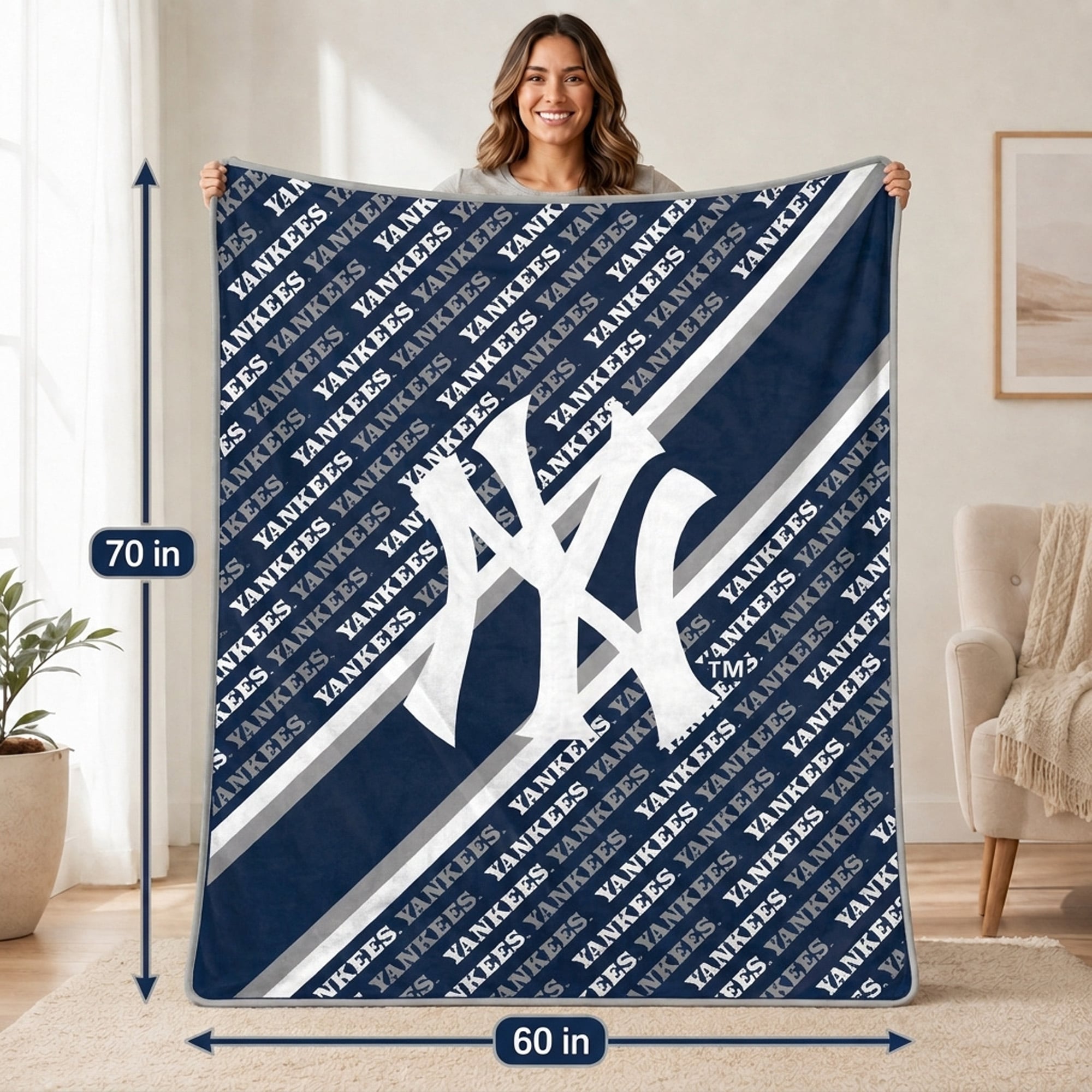 Couverture ultra douce Pegasus New York Yankees, 152 x 178 cm (diagonale), doublée, avec logo.
