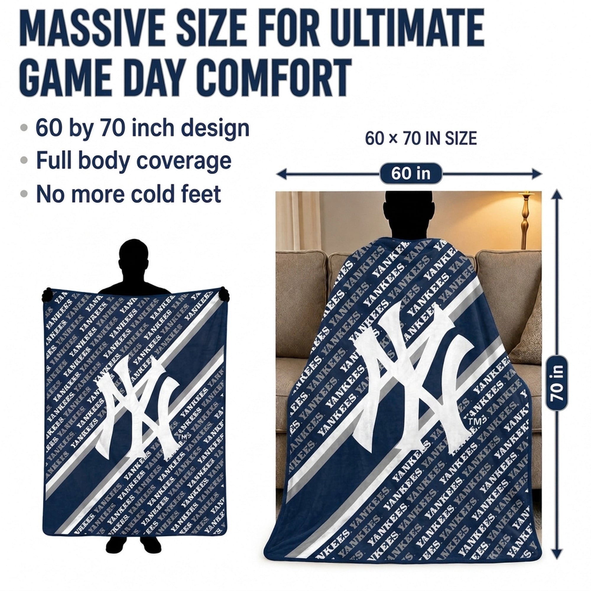 Couverture ultra douce Pegasus New York Yankees, 152 x 178 cm (diagonale), doublée, avec logo.