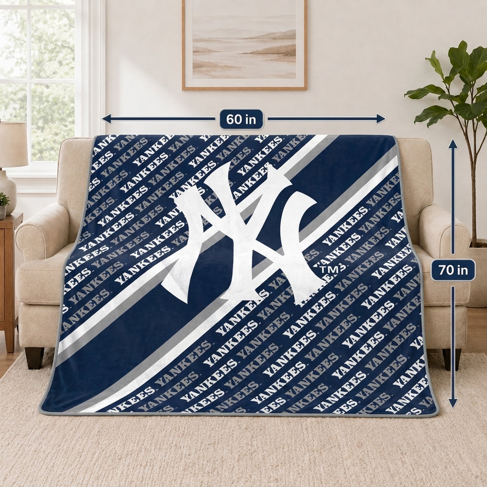 Couverture ultra douce Pegasus New York Yankees, 152 x 178 cm (diagonale), doublée, avec logo.
