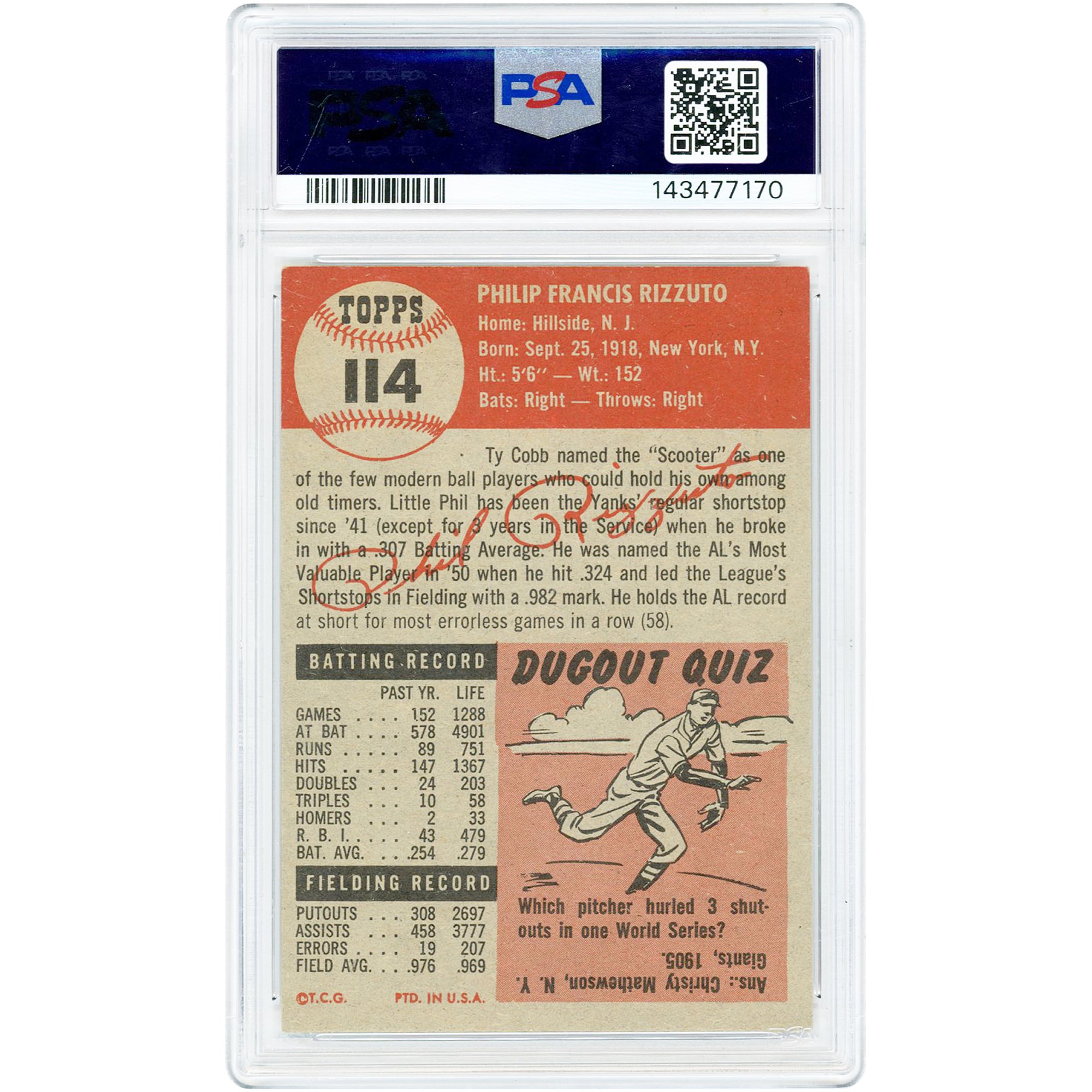 Phil Rizzuto New York Yankees 1953 Topps #114 PSA Authenticated 4.5 Card