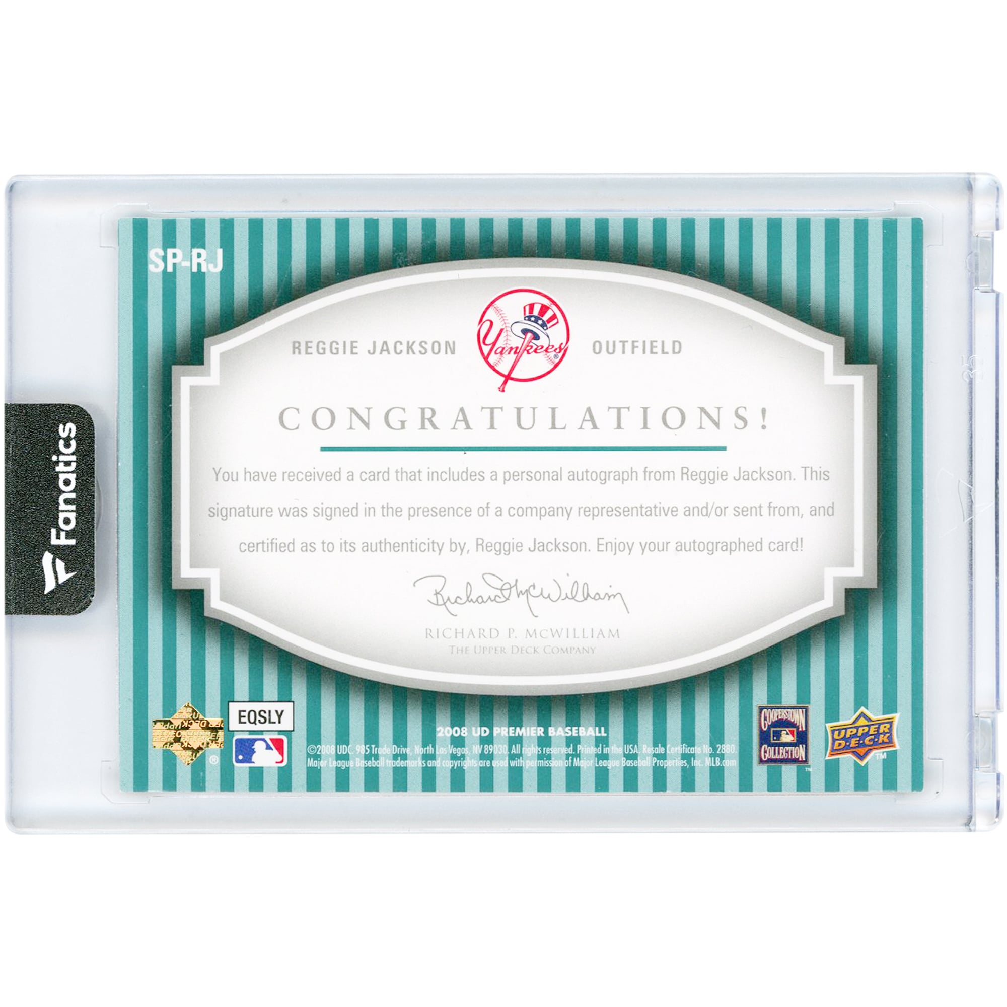 Carte de baseball Signature Premier 2008 Upper Deck Premier de Reggie Jackson, Yankees de New York, autographiée #SP-RJ #33/44