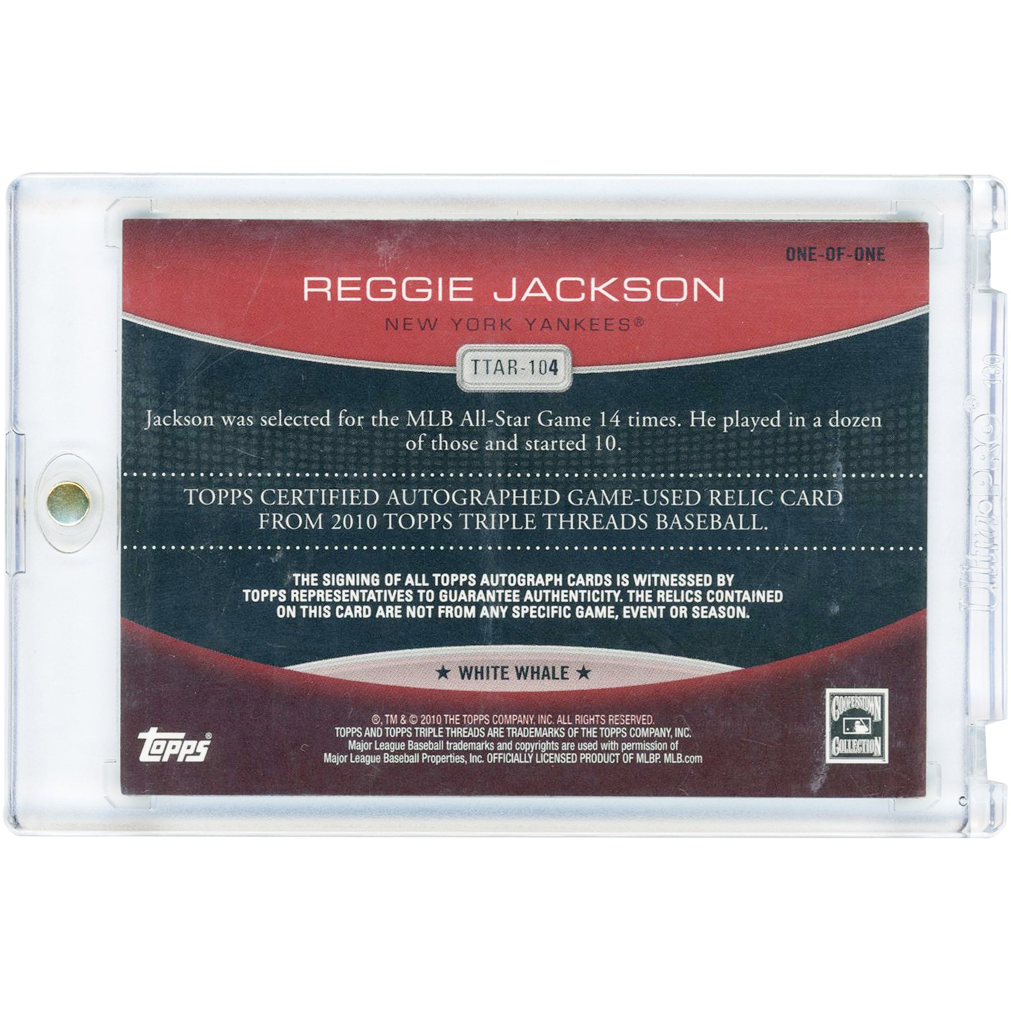 Carte autographiée par Reggie Jackson des Yankees de New York, collection 2010 Topps Triple Threads Relic Multi Game Used White Whale #TTAR-104 #1/1