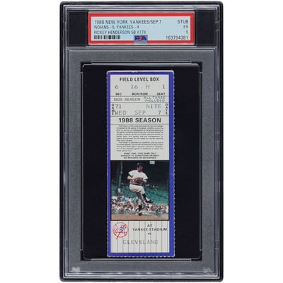 Rickey Henderson New York Yankees Fanatics Authentic September 07, 1988 Stolen Base #779 PSA Authenticated 5 Ticket