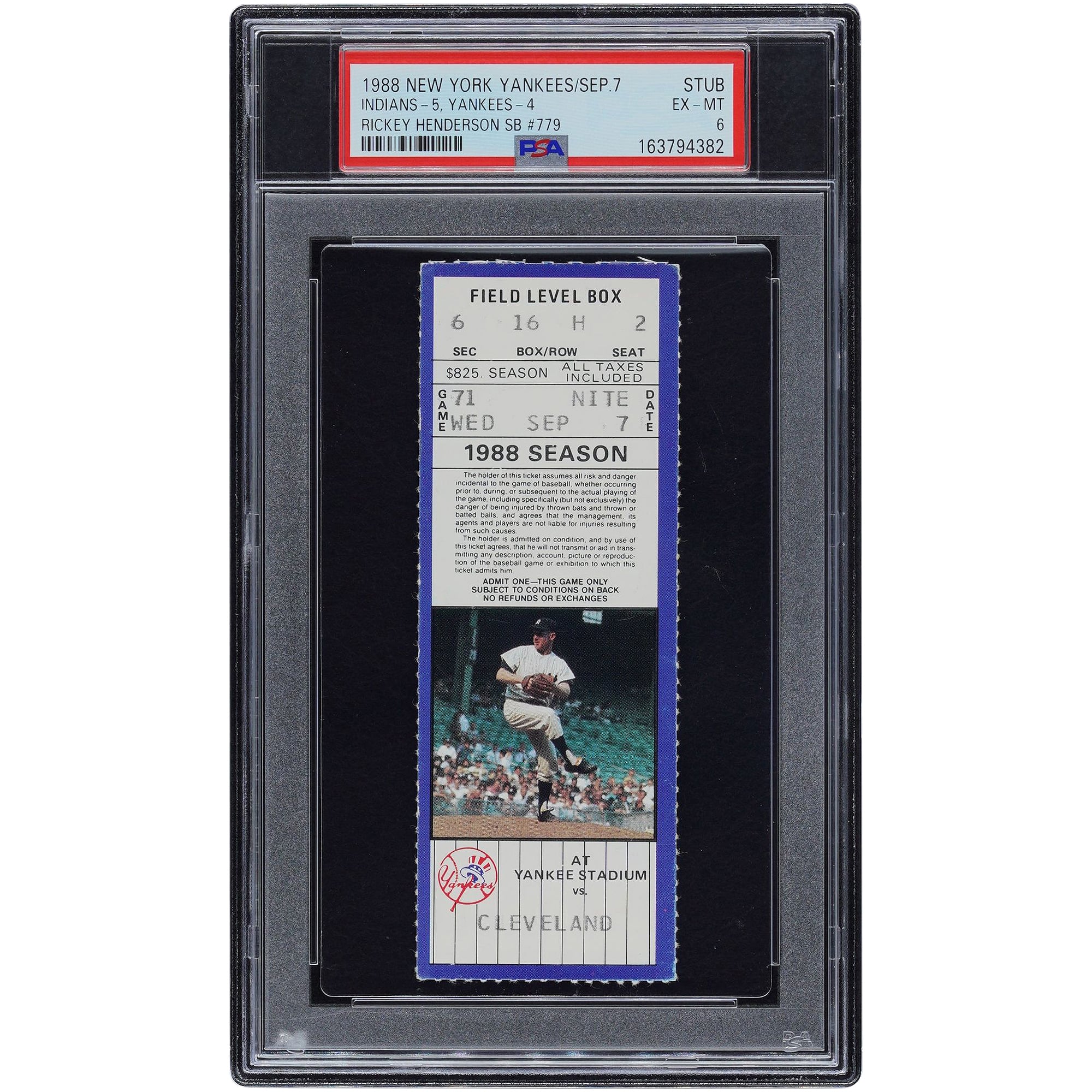 Rickey Henderson, Yankees de New York, 7 septembre 1988, base volée n° 779, authentifiée par PSA (6 billets)