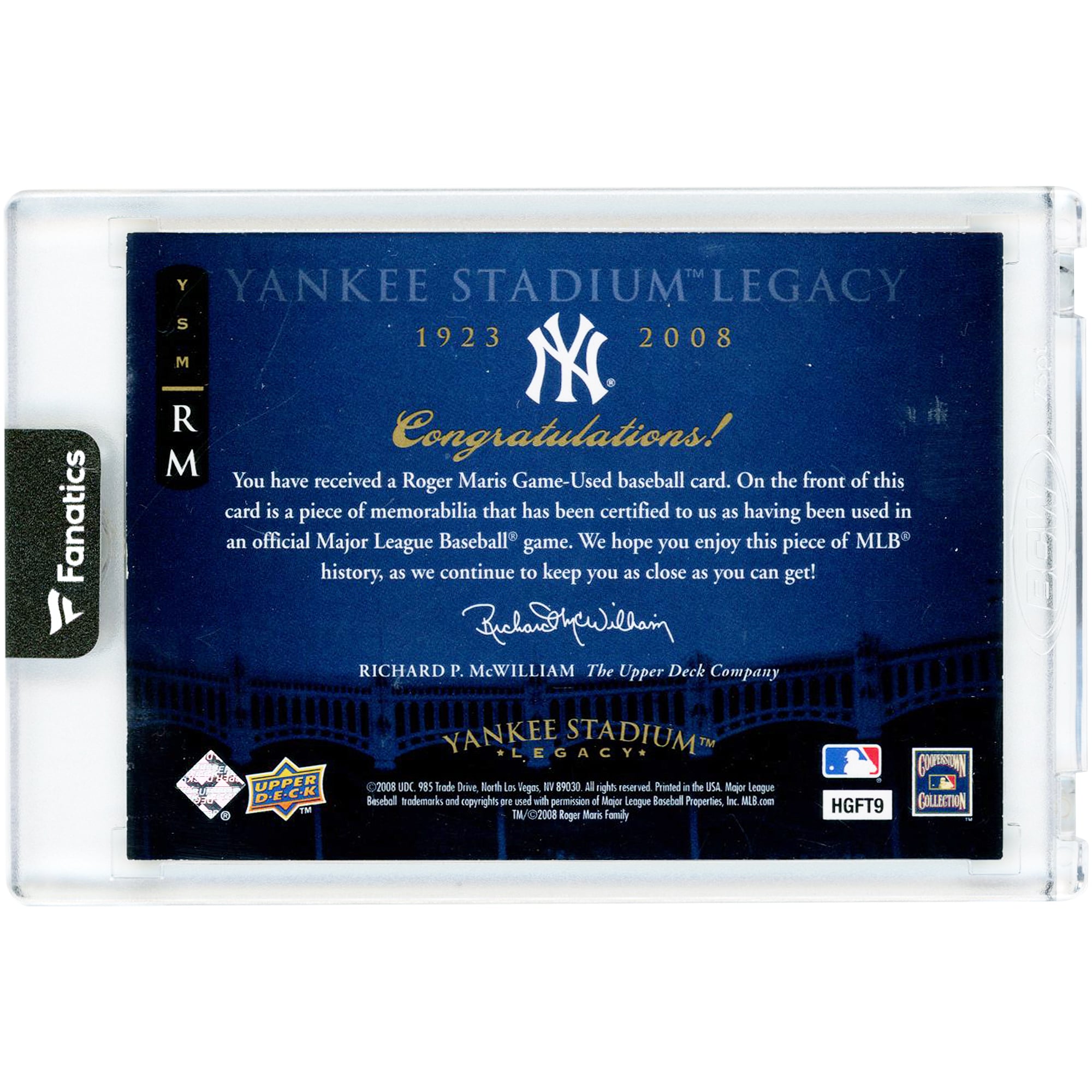 Roger Maris New York Yankees 2008 Upper Deck Yankees Stadium Legacy Game Used Jersey Relic #YSM-RM Card