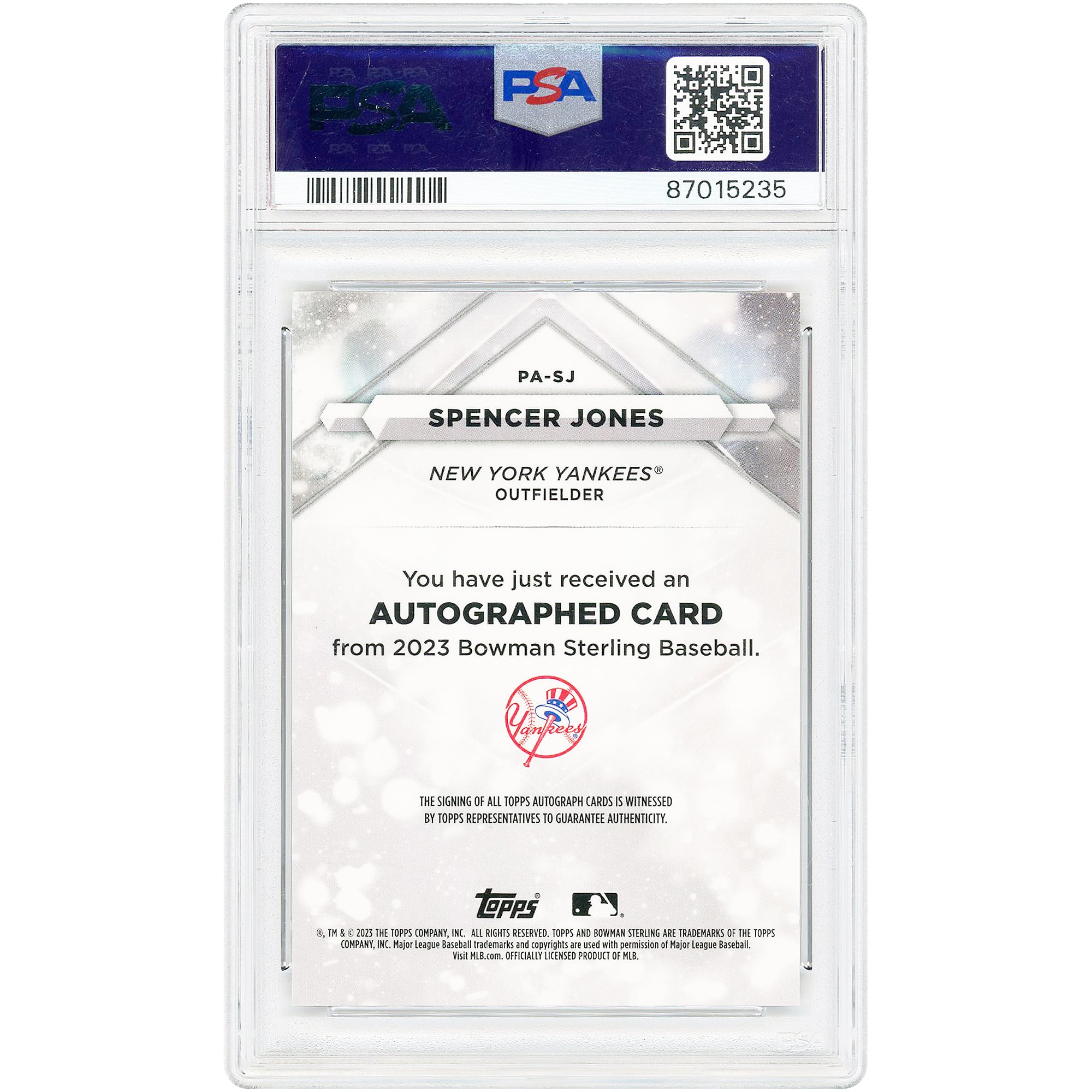 Spencer Jones New York Yankees Autographed 2023 Bowman Sterling Orange Refractor #PA-SJ #24/75 PSA Authenticated 10 Card
