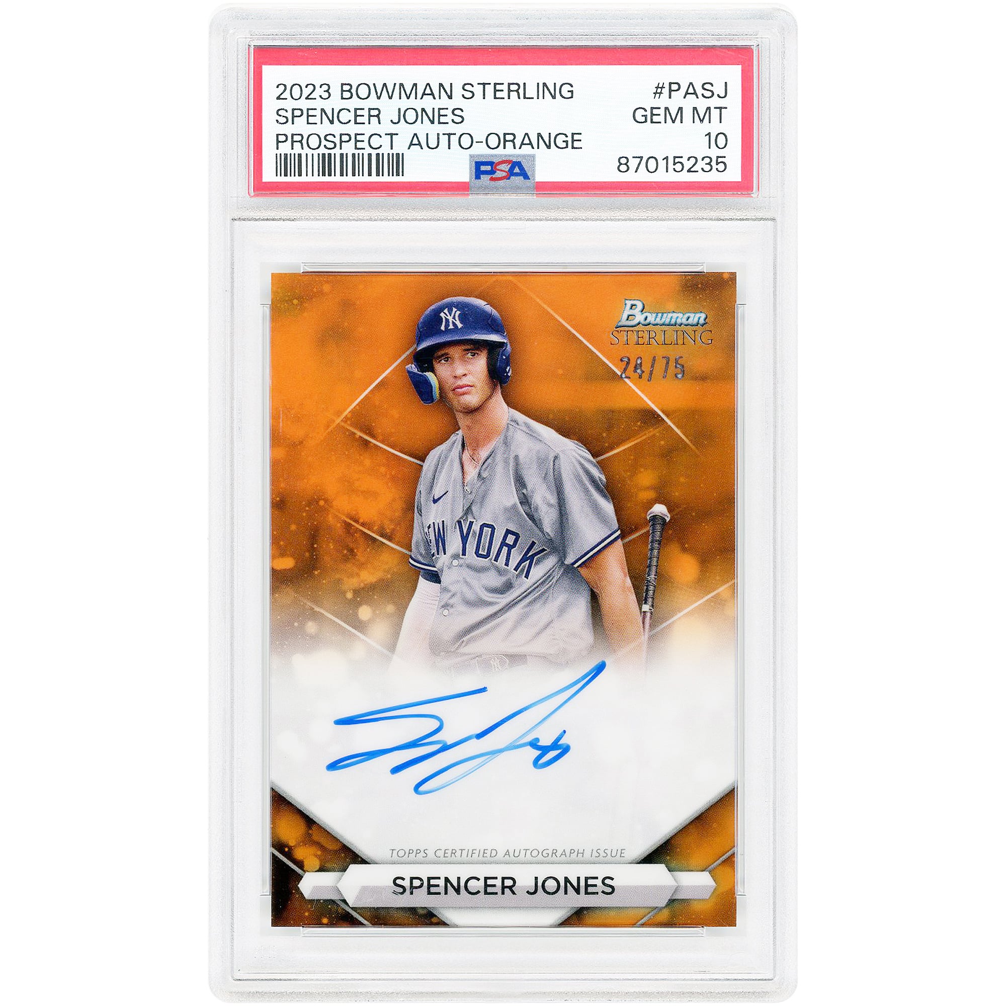 Spencer Jones New York Yankees Autographed 2023 Bowman Sterling Orange Refractor #PA-SJ #24/75 PSA Authenticated 10 Card
