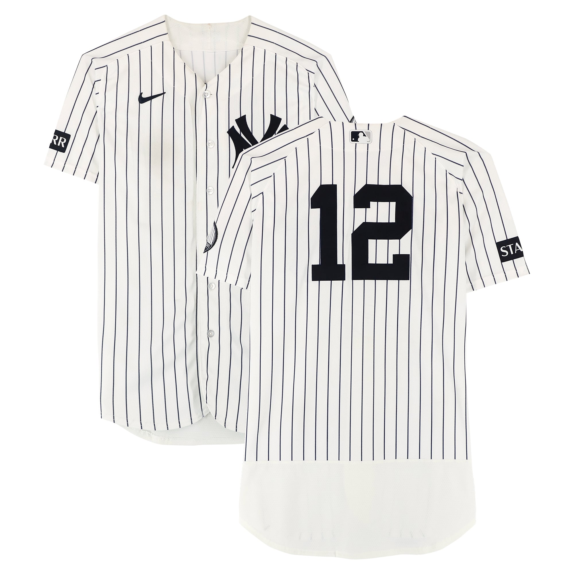 Maillot blanc à rayures Nike porté par Trent Grisham (New York Yankees) n° 12 contre les Red Sox de Boston le 30 août 2026