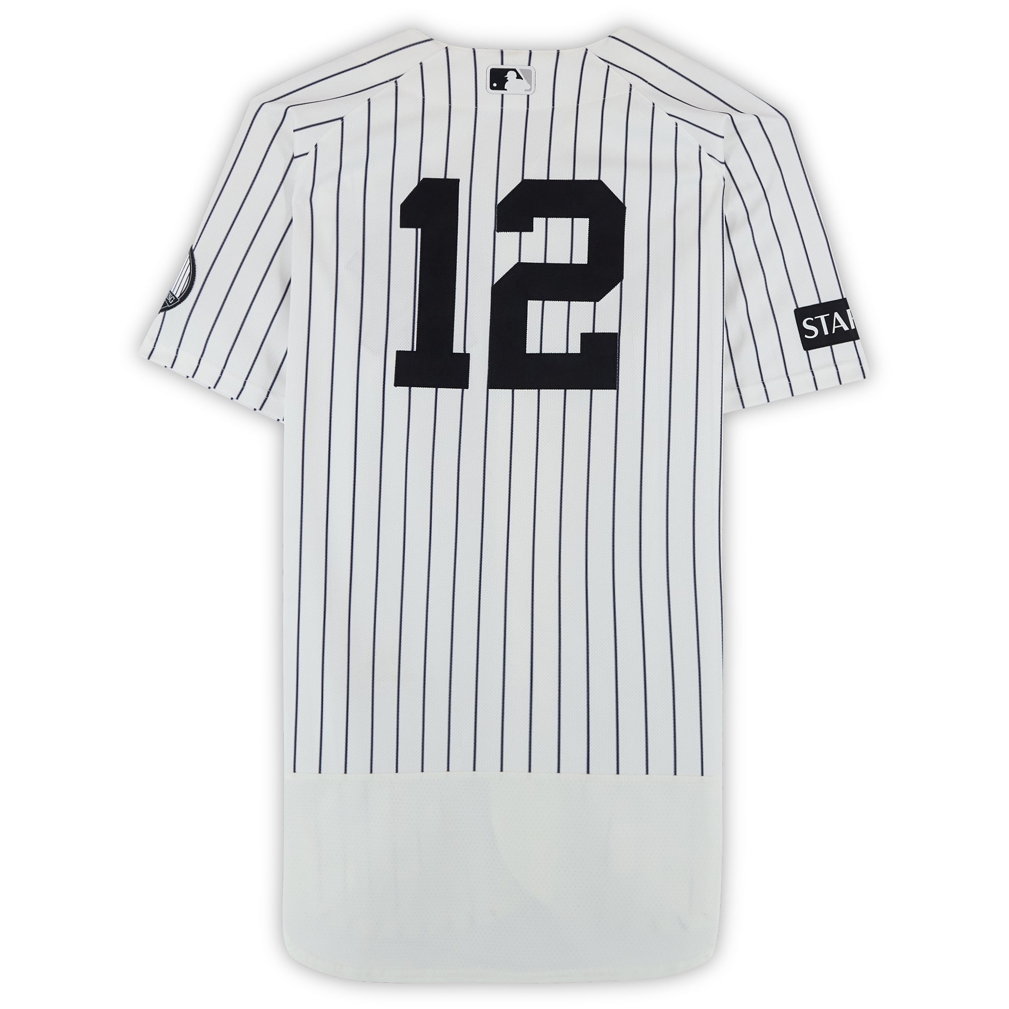 Maillot blanc à rayures Nike n° 12 porté par Trent Grisham des Yankees de New York lors du match contre les Pirates de Pittsburgh le 22 juillet 2026 - Deuxième match du programme double