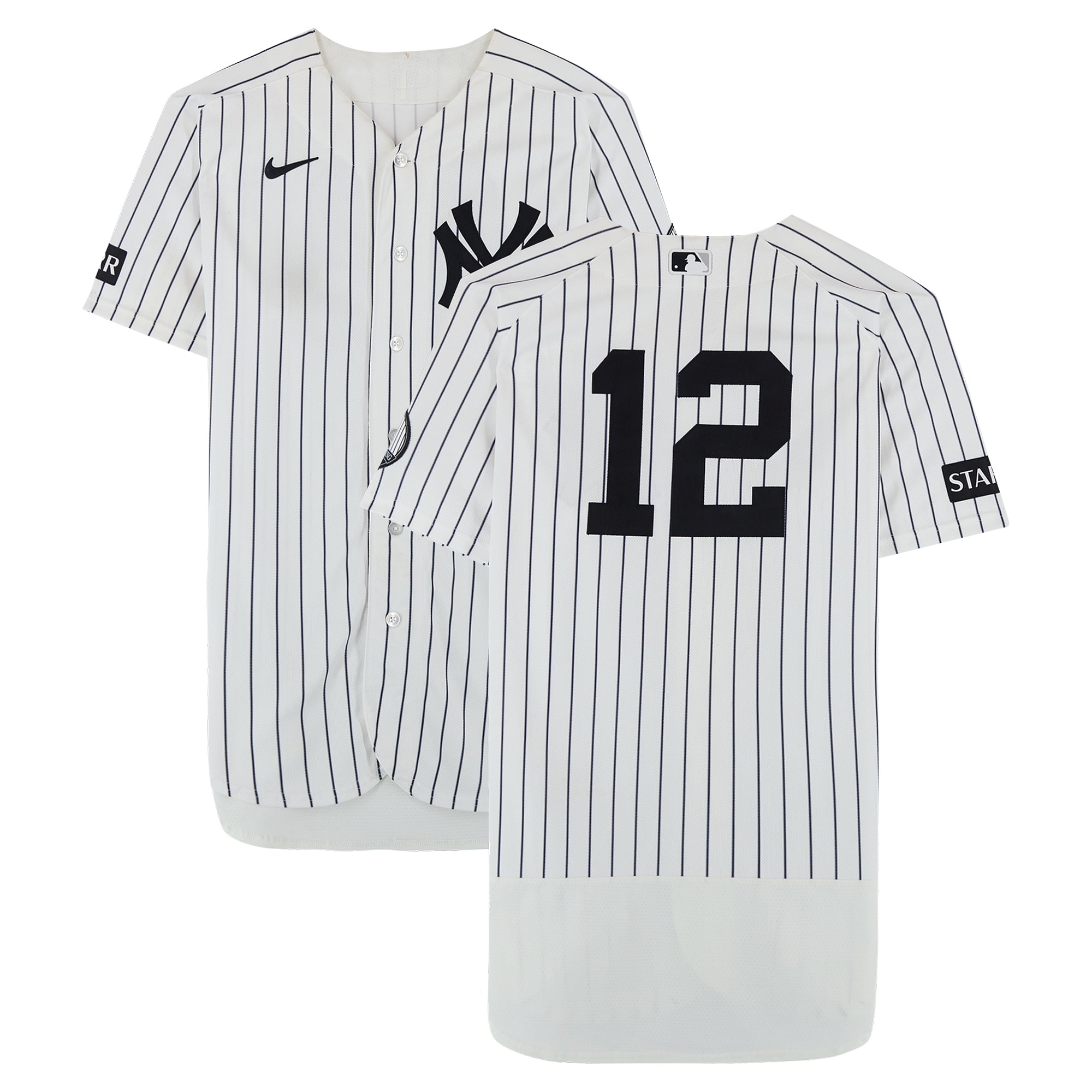 Maillot blanc à rayures Nike n° 12 porté par Trent Grisham des Yankees de New York lors du match contre les Pirates de Pittsburgh le 22 juillet 2026 - Deuxième match du programme double