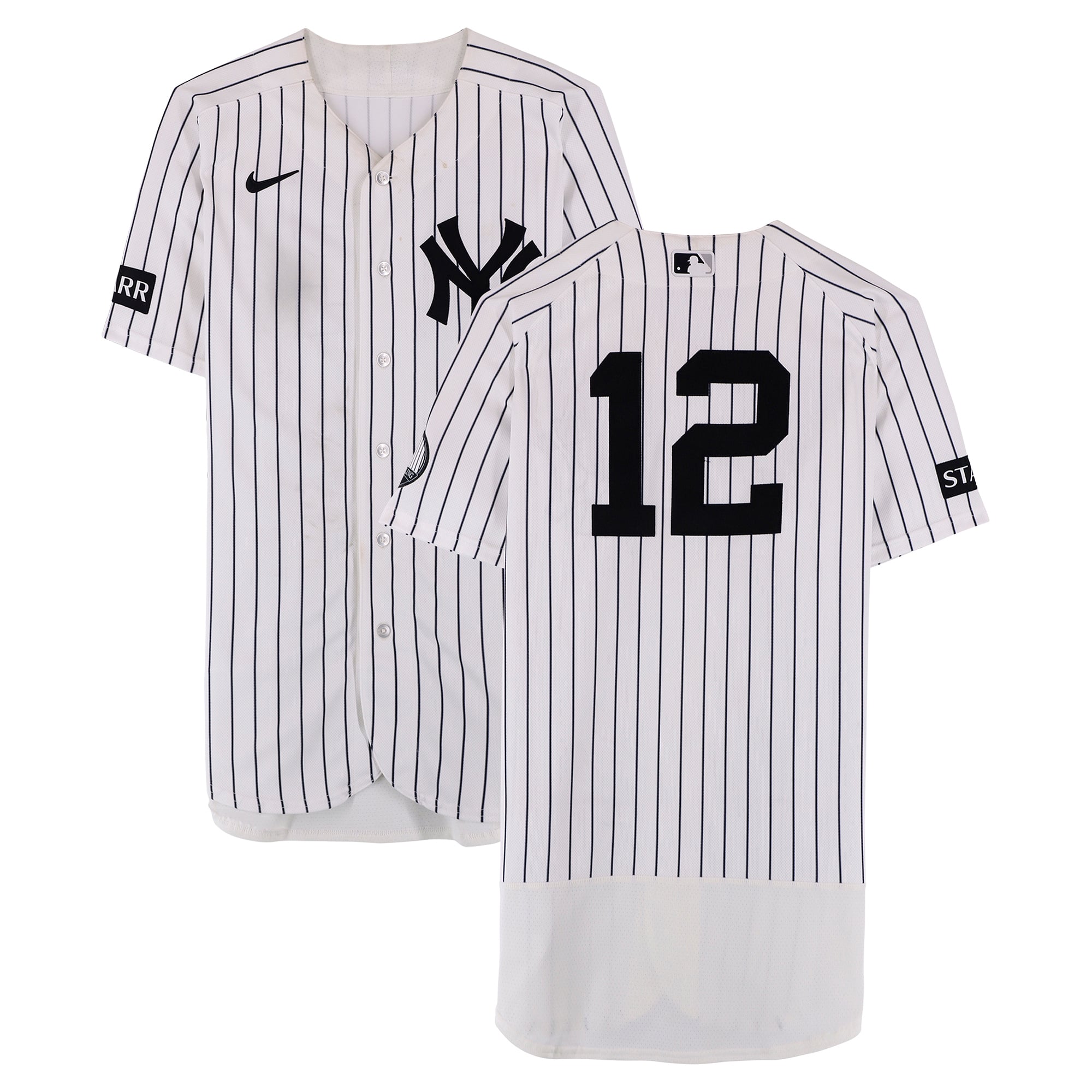 Maillot blanc à fines rayures n° 12 porté par Trent Grisham des Yankees de New York contre les Mariners de Seattle le 13 août 2026