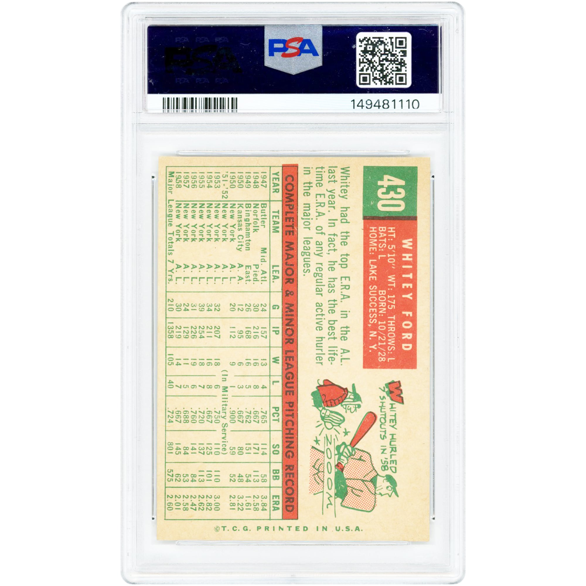 Whitey Ford New York Yankees 1959 Topps #430 PSA Authenticated 6 Card