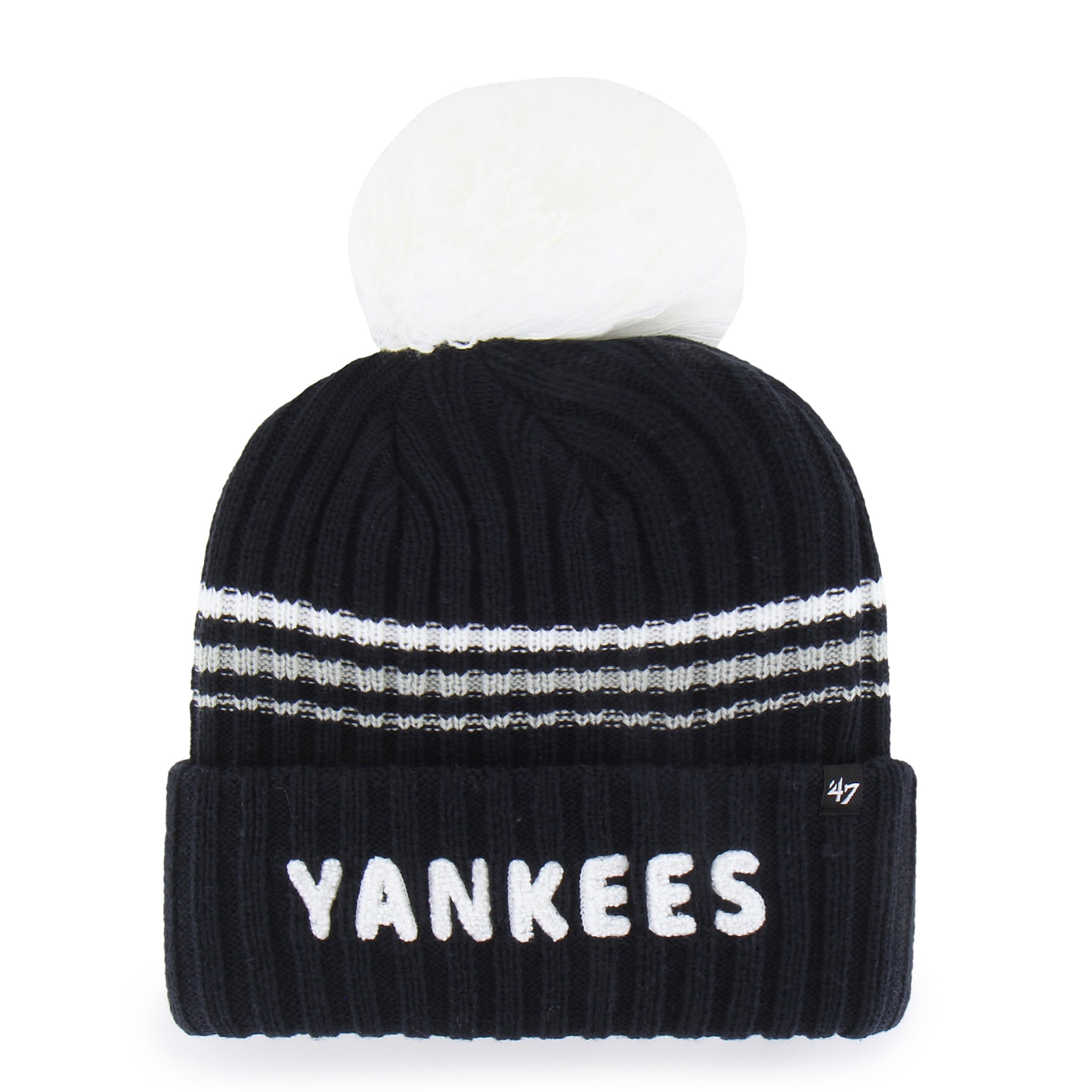 Women's '47 Navy New York Yankees Fuzzy Script Cuffed Knit Hat with Pom
