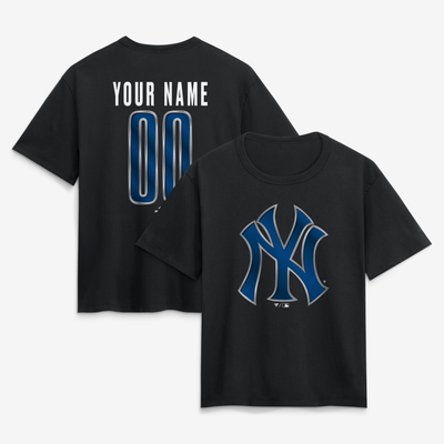 New York Yankees Women's Metallic Mascot Personalized Name & Number T-Shirt - Black