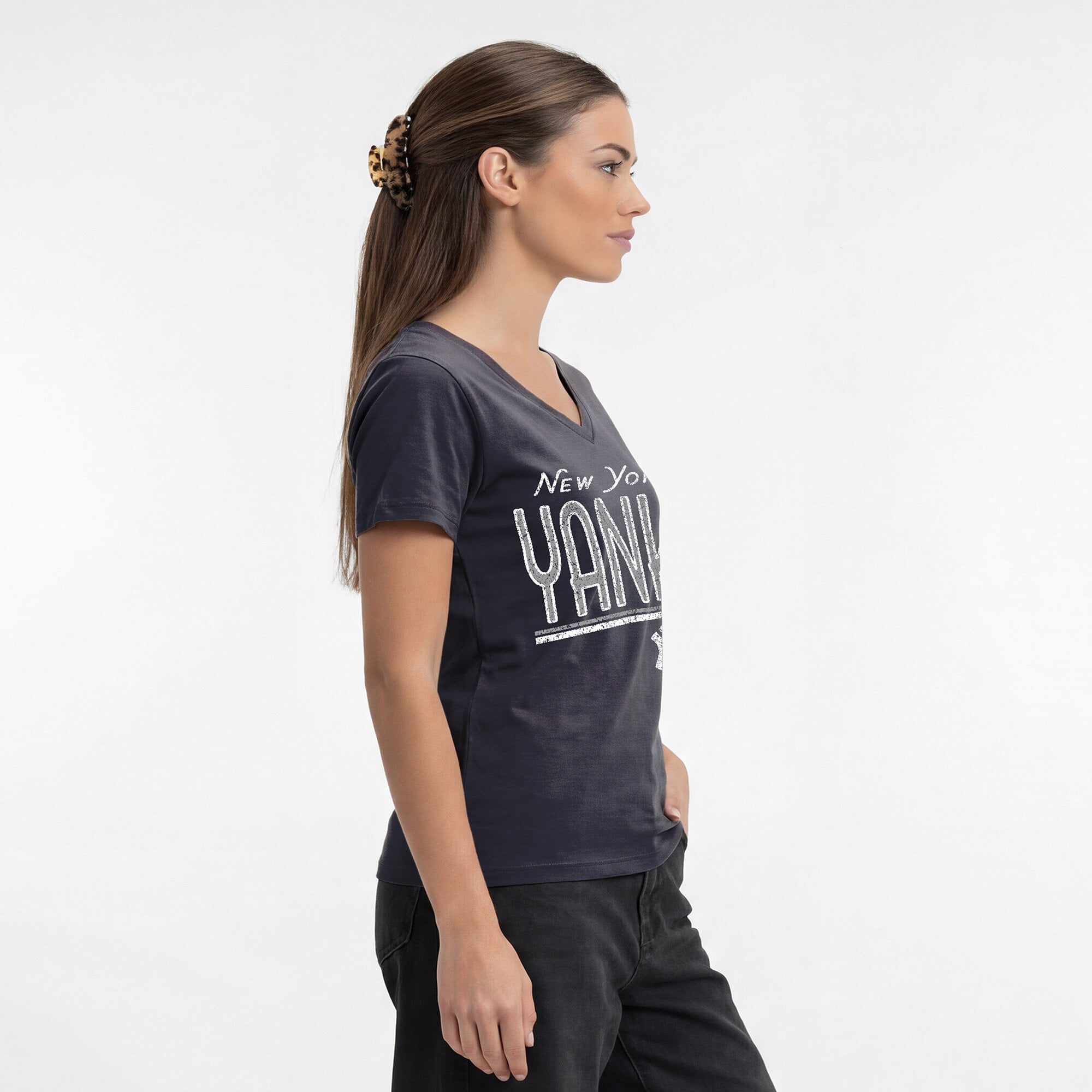 T-shirt à col en V Champion bleu marine pour femmes, New York Yankees Core