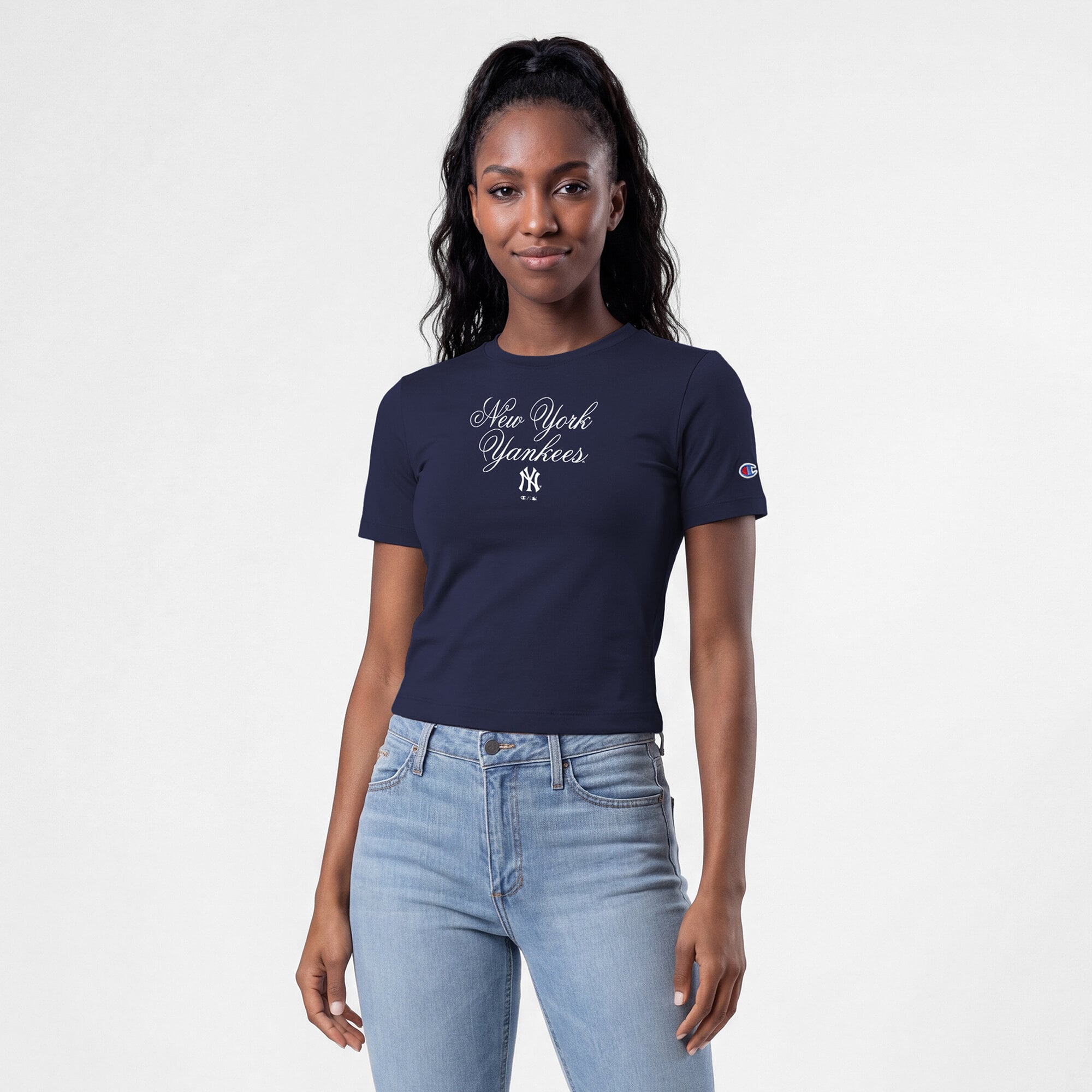 Women's Champion Navy New York Yankees Soft-Touch Fitted Cropped T-Shirt