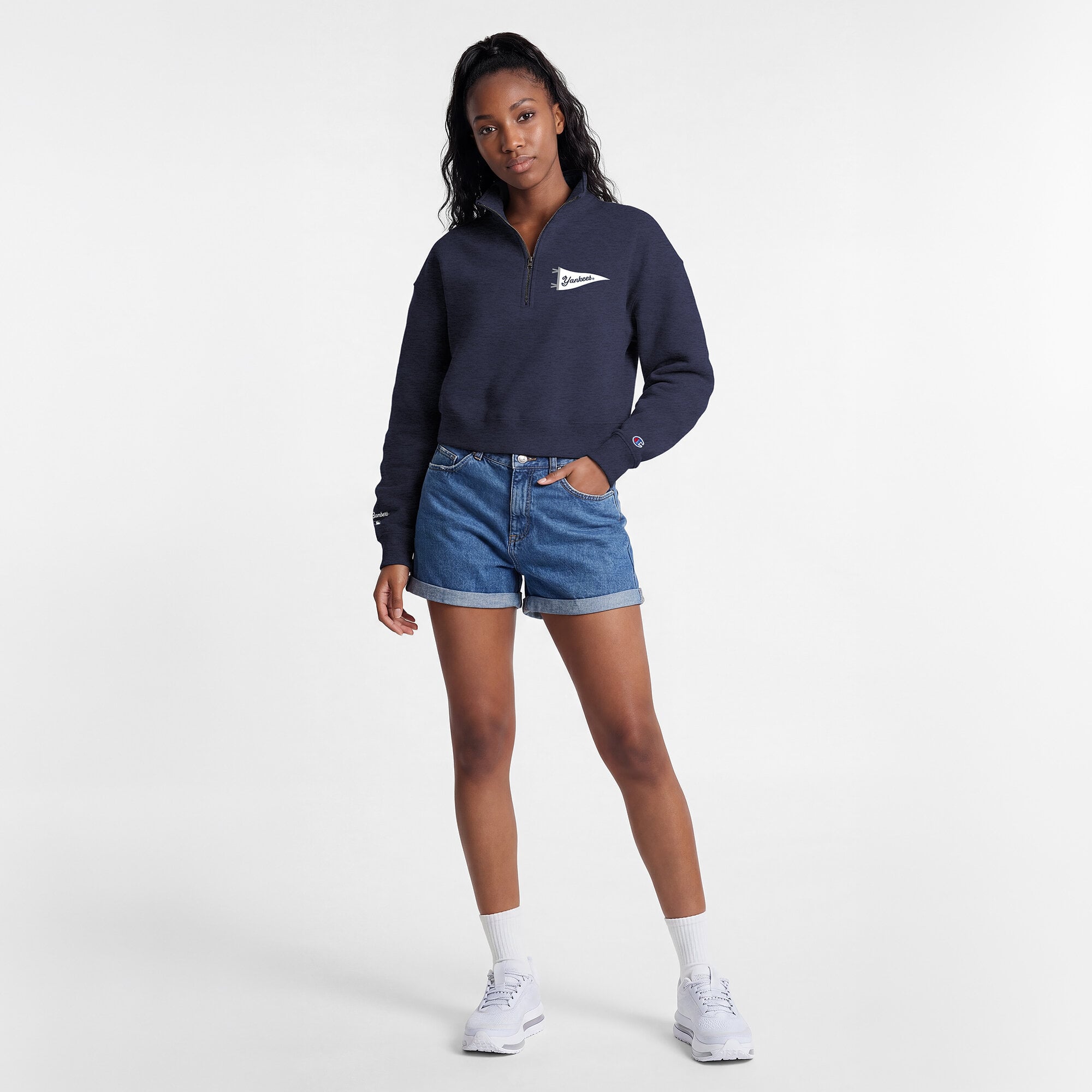 Pull court à col zippé Champion pour femme, bleu marine, New York Yankees Triumph, en polaire tri-blend.