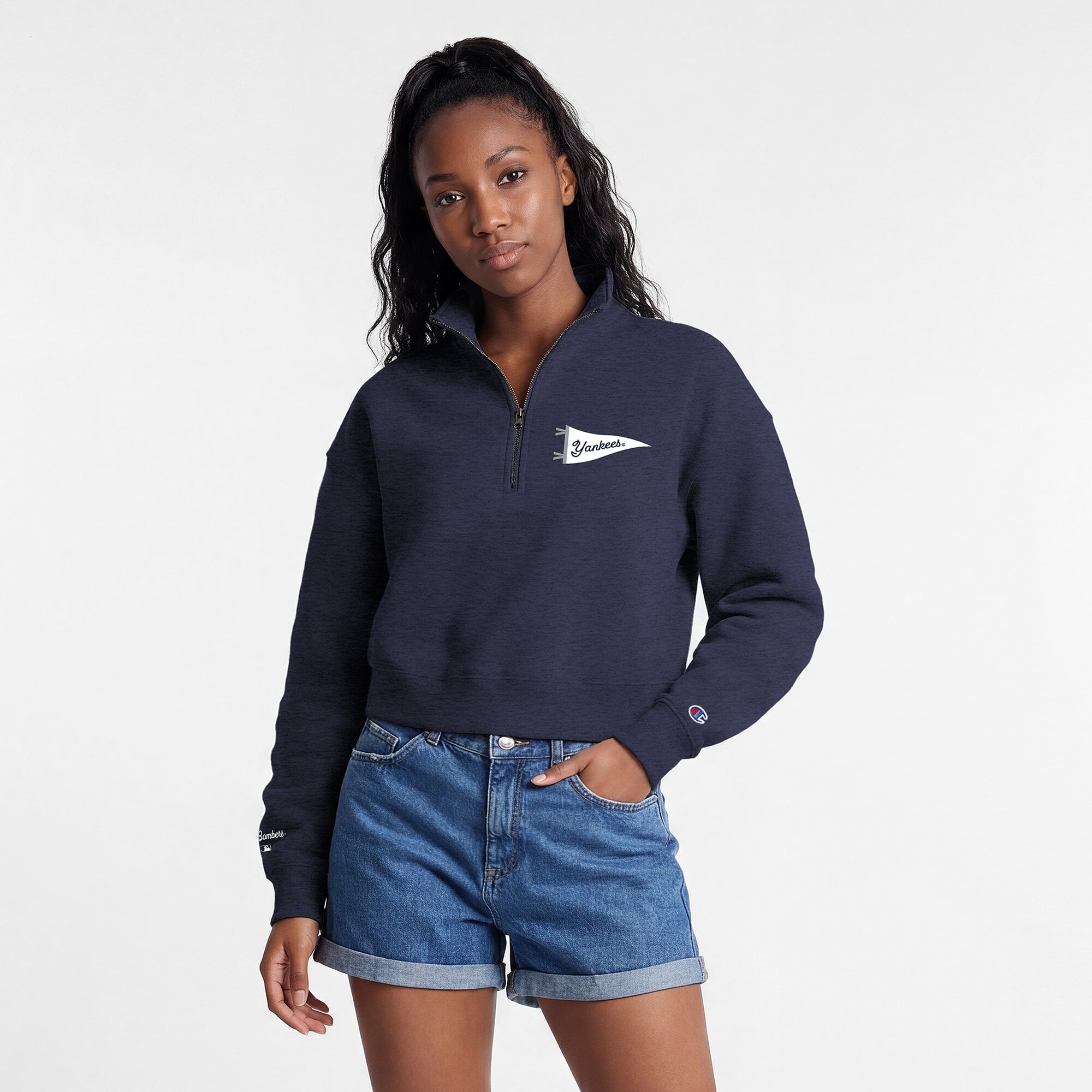 Pull court à col zippé Champion pour femme, bleu marine, New York Yankees Triumph, en polaire tri-blend.