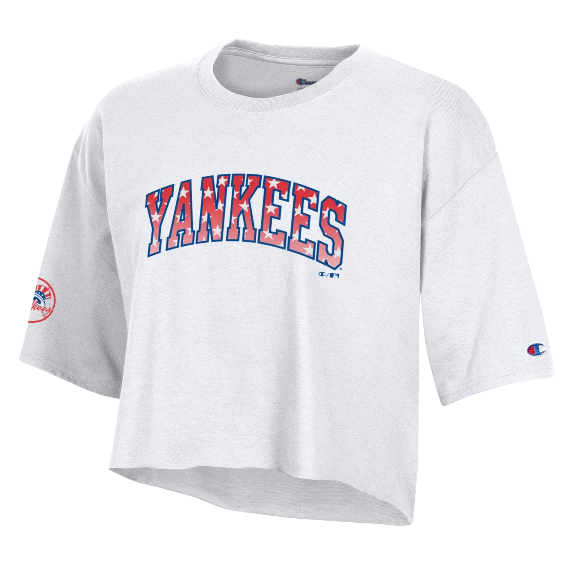 T-shirt court Boyfriend blanc Champion pour femme, style américain, New York Yankees.